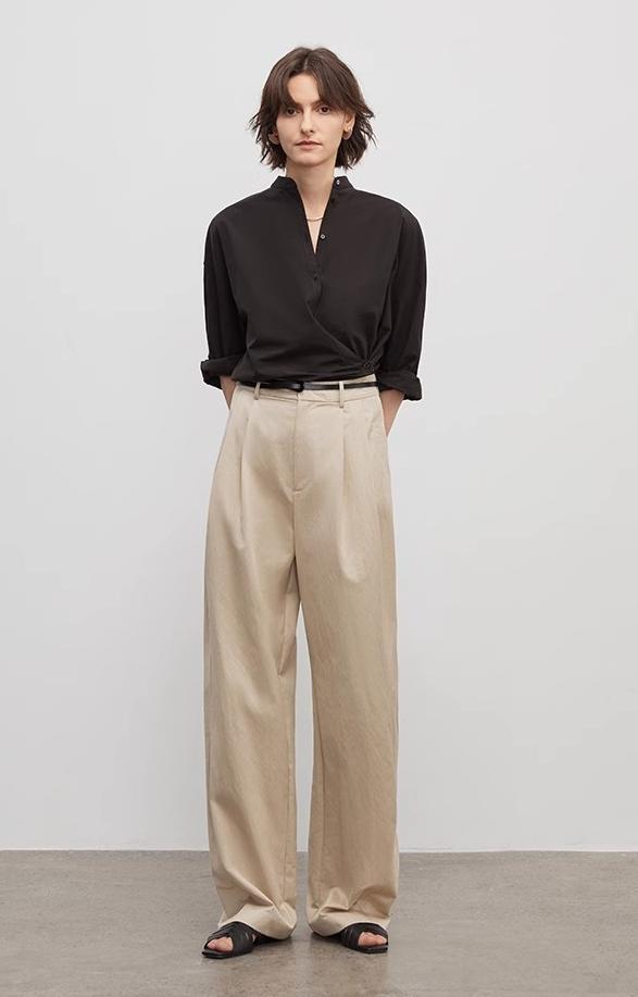 Spliced Double-Pleat Wide-Leg Trousers Straight-Leg Trousers for Women