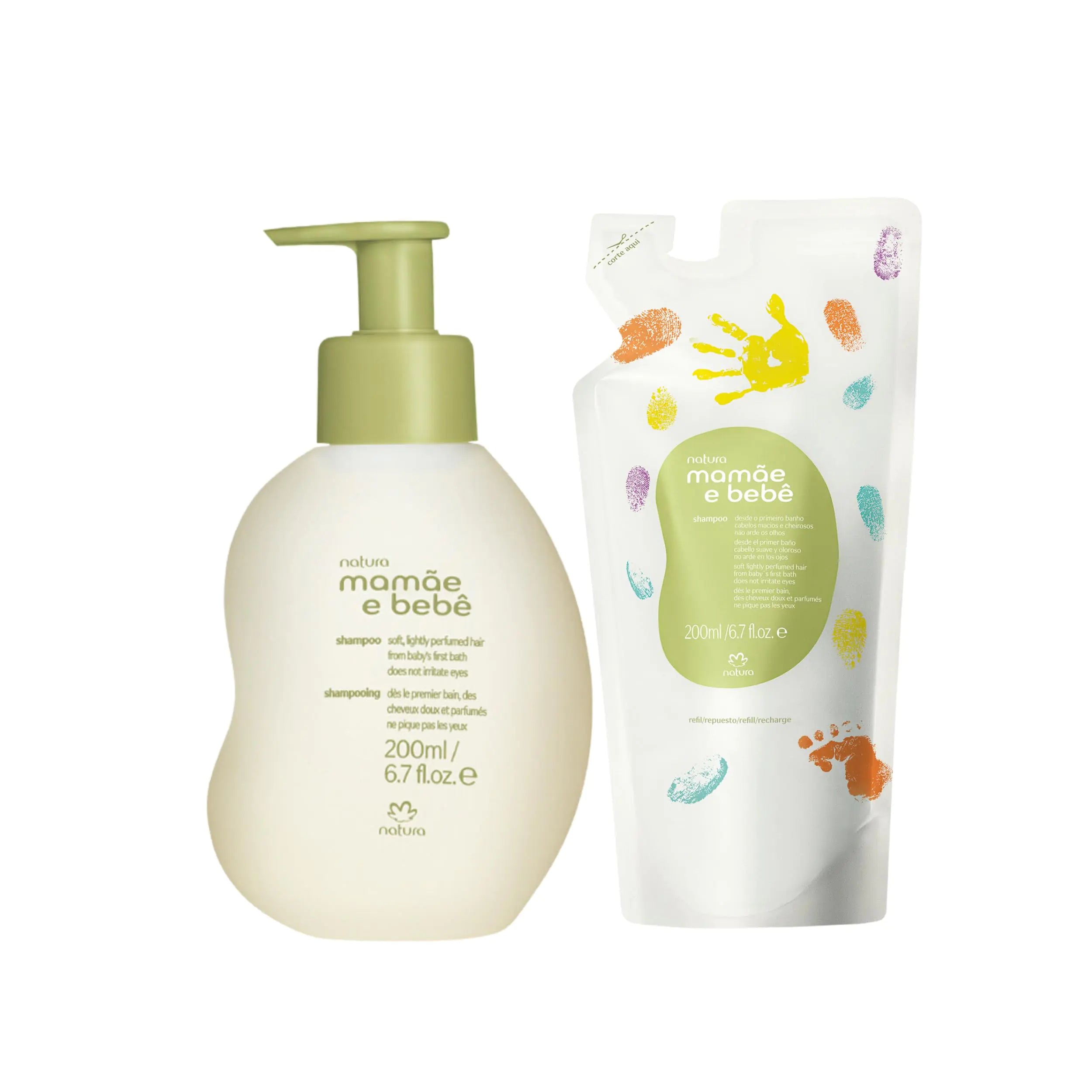 natura - Mamãe e Bebê Baby Shampoo with Refill - 100% Vegan - Safe & Gentle Formula - 98.4% Natural Origin - All Skin Types - Cruelty Free - Brazilian Beauty - Baby Essentials - 6.7 fl oz (200ml)