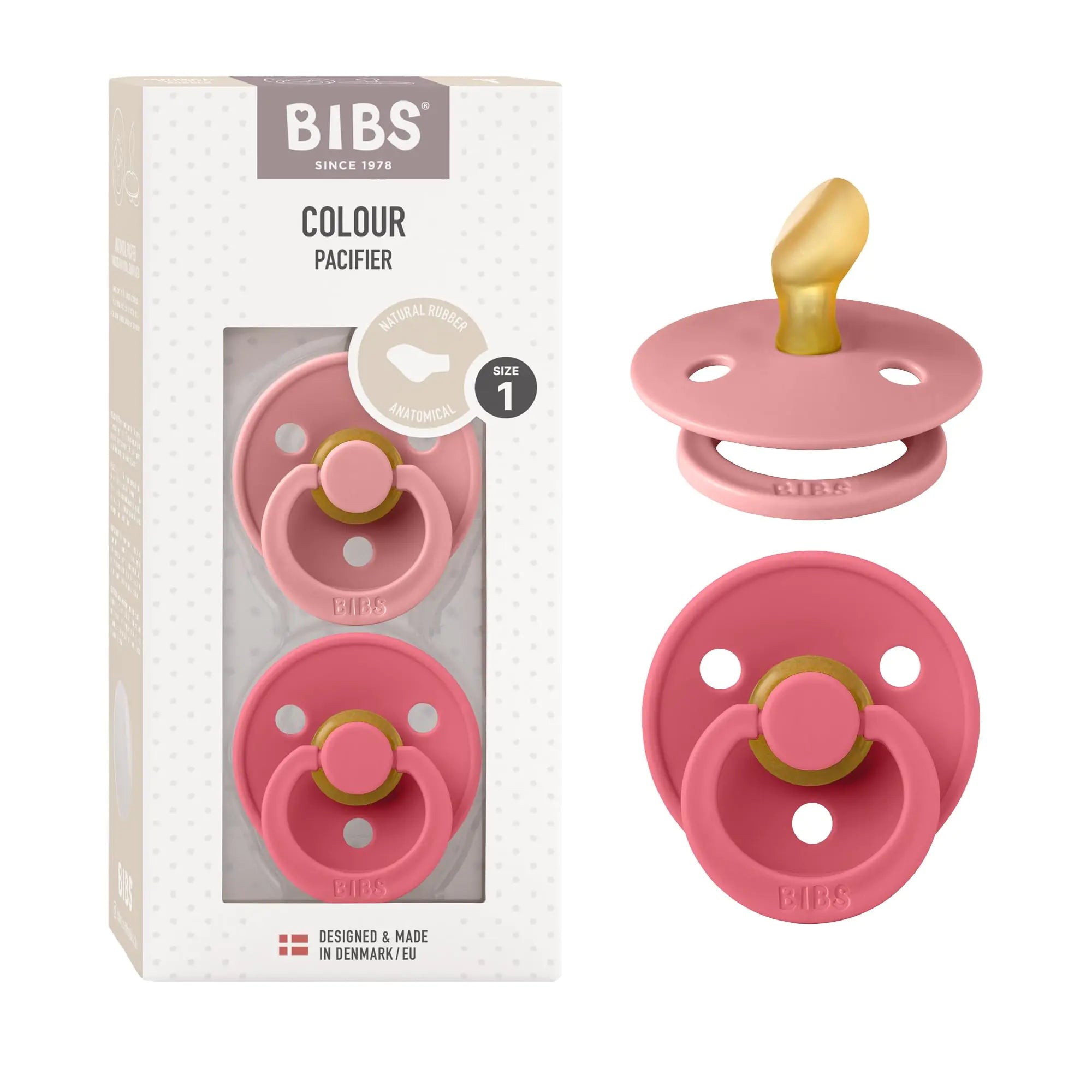 BIBS Pacifiers 0-6 Months | Colour Collection 2-Pack | BPA-Free Anatomical Natural Rubber Nipple | Made in Denmark | Dusty Pink/Coral Color Pacifier