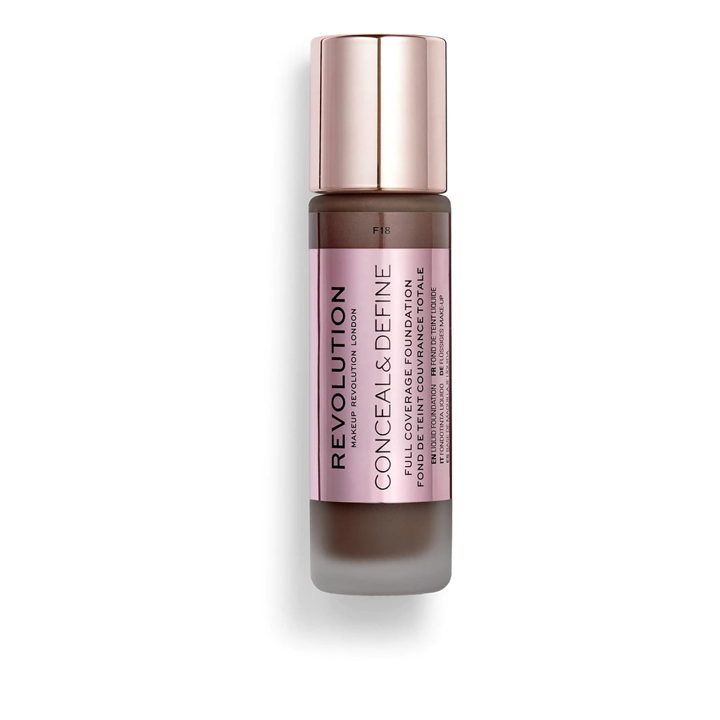 Makeup Revolution Conceal and Define Foundation Full Coverage & Matte Finish F18 for Dark Skin Tones Vegan & Cruelty-Free 0.7 Fl Oz