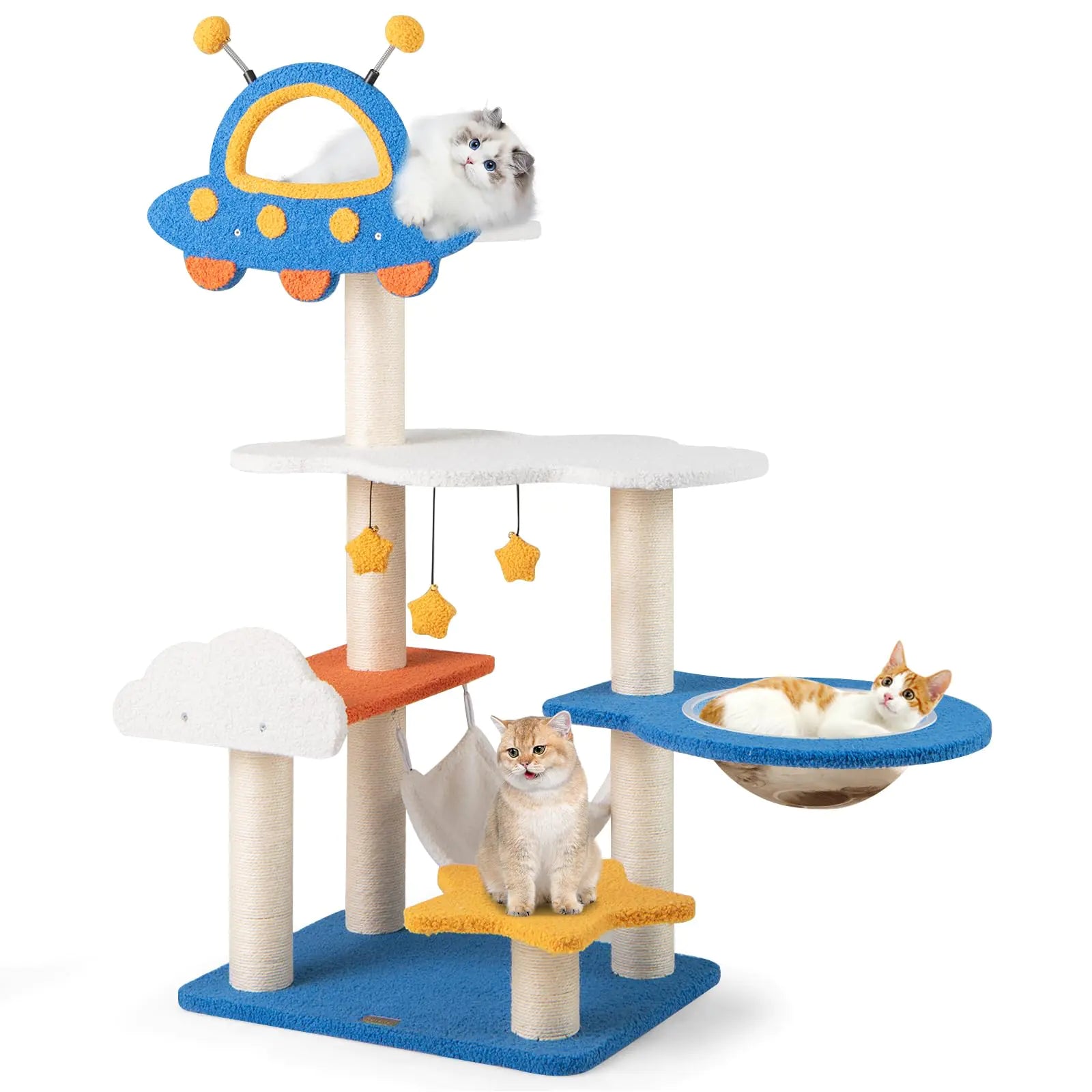 PETSITE 49 inch Cat Tree Space-Themed Multi-Level Cat Tree Tower with Sisal Scratching Posts UFO Top Perch Space Capsule Cloud & Star Platforms Dangling & Spring Balls Cute Cat Tree for Indoor