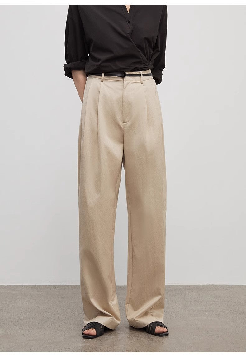 Spliced Double-Pleat Wide-Leg Trousers Straight-Leg Trousers for Women