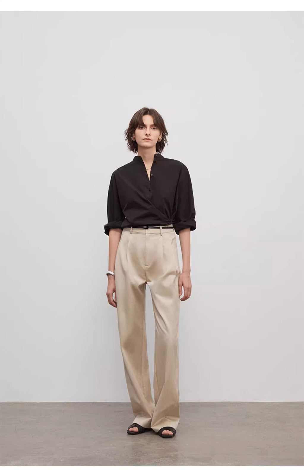 Spliced Double-Pleat Wide-Leg Trousers Straight-Leg Trousers for Women