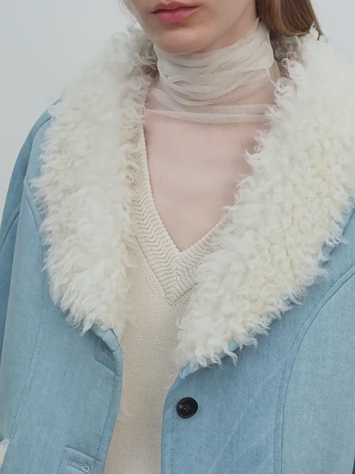 "Pure Era" Imported High-Quality Contrast Color Collar Short Wool Fur Coat