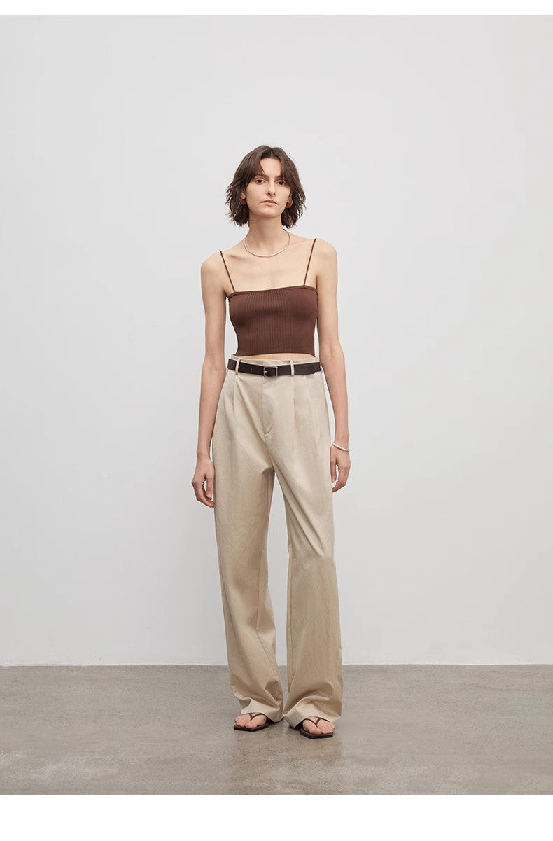 Spliced Double-Pleat Wide-Leg Trousers Straight-Leg Trousers for Women
