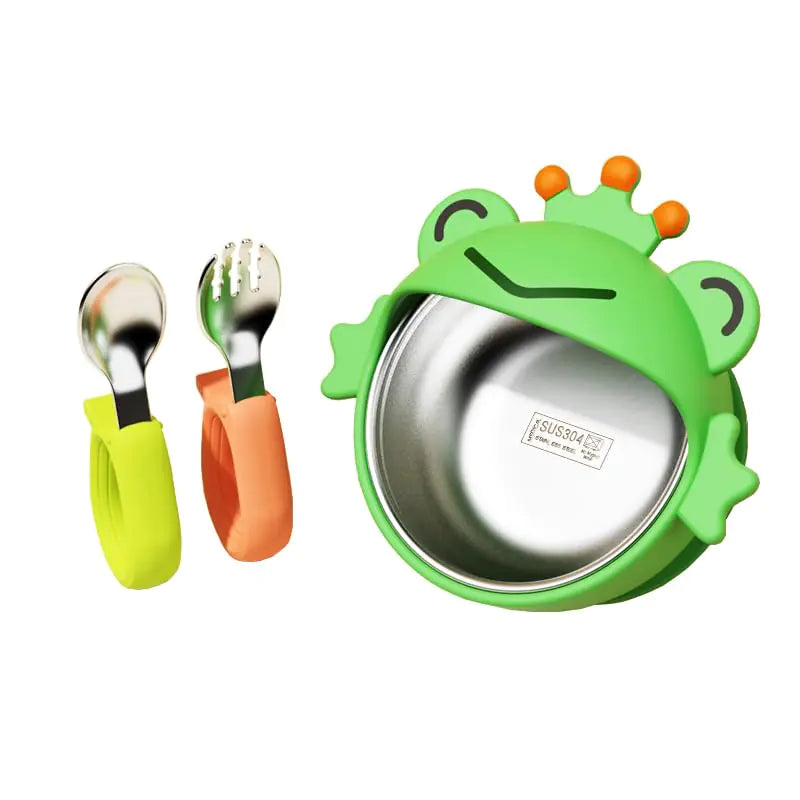 ENERGEVITY Suction Bowls Set for Baby Feeding，Little Frog Silicone Suction Baby Bowl and Food-Grade 304 Stainless Steel Bowl with Fork and SpoonDishwasher Safe