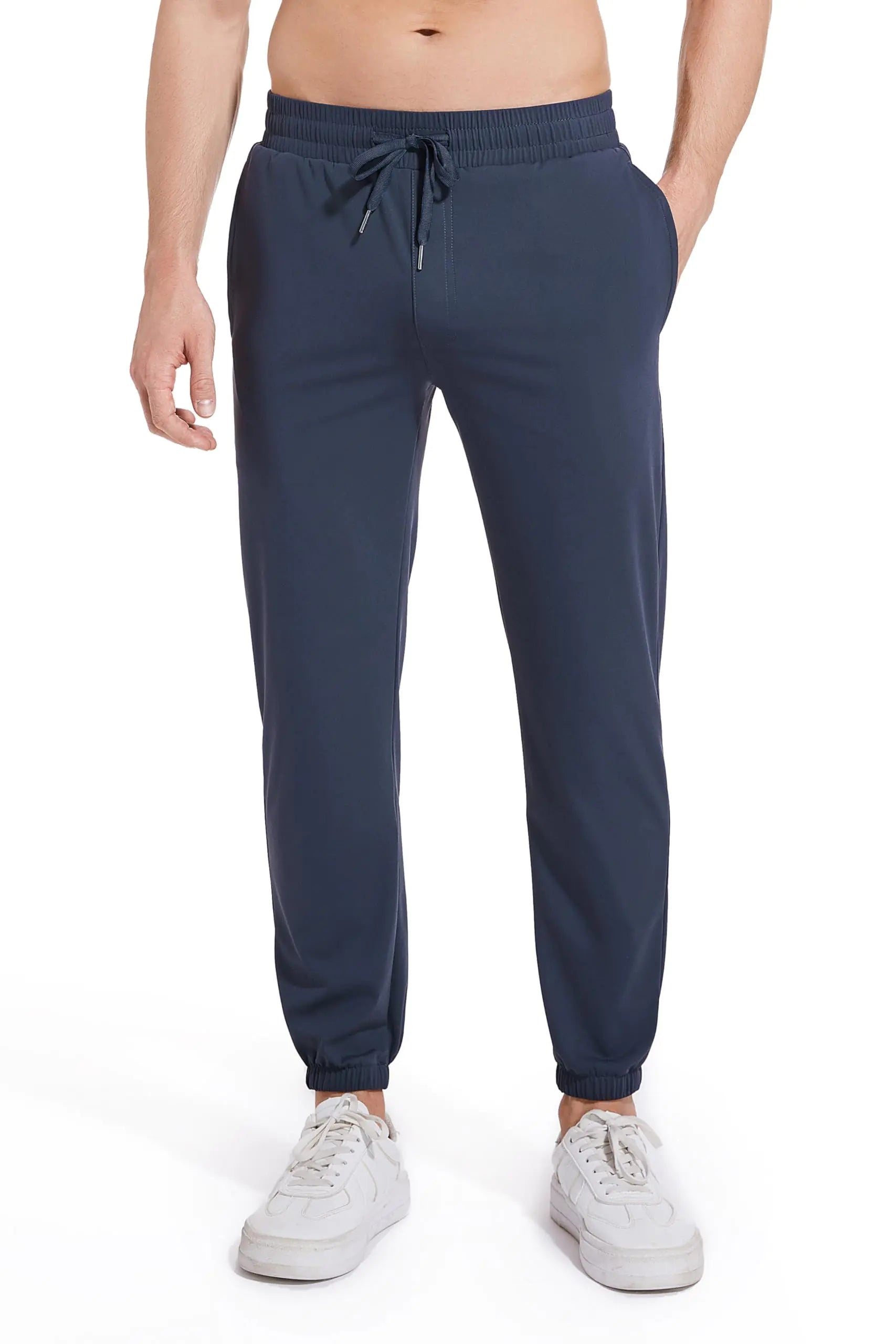 AbleTree Athletic Jogger Pants for Short Men 27" Inseam Stretch Quick Dry Active Pants with Back Zip Pockets Navy Blue