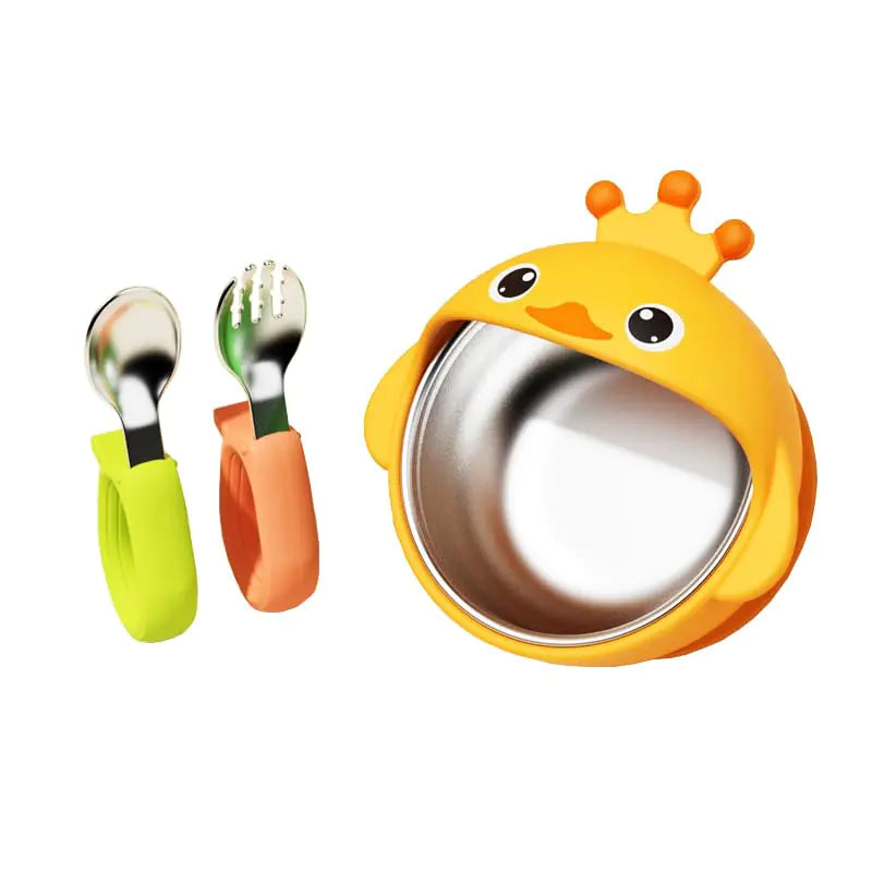 ENERGEVITY Suction Bowls Set for Baby Feeding，Yellow Duck Silicone Suction Baby Bowl and Food-Grade 304 Stainless Steel Bowl with Fork and SpoonDishwasher Safe
