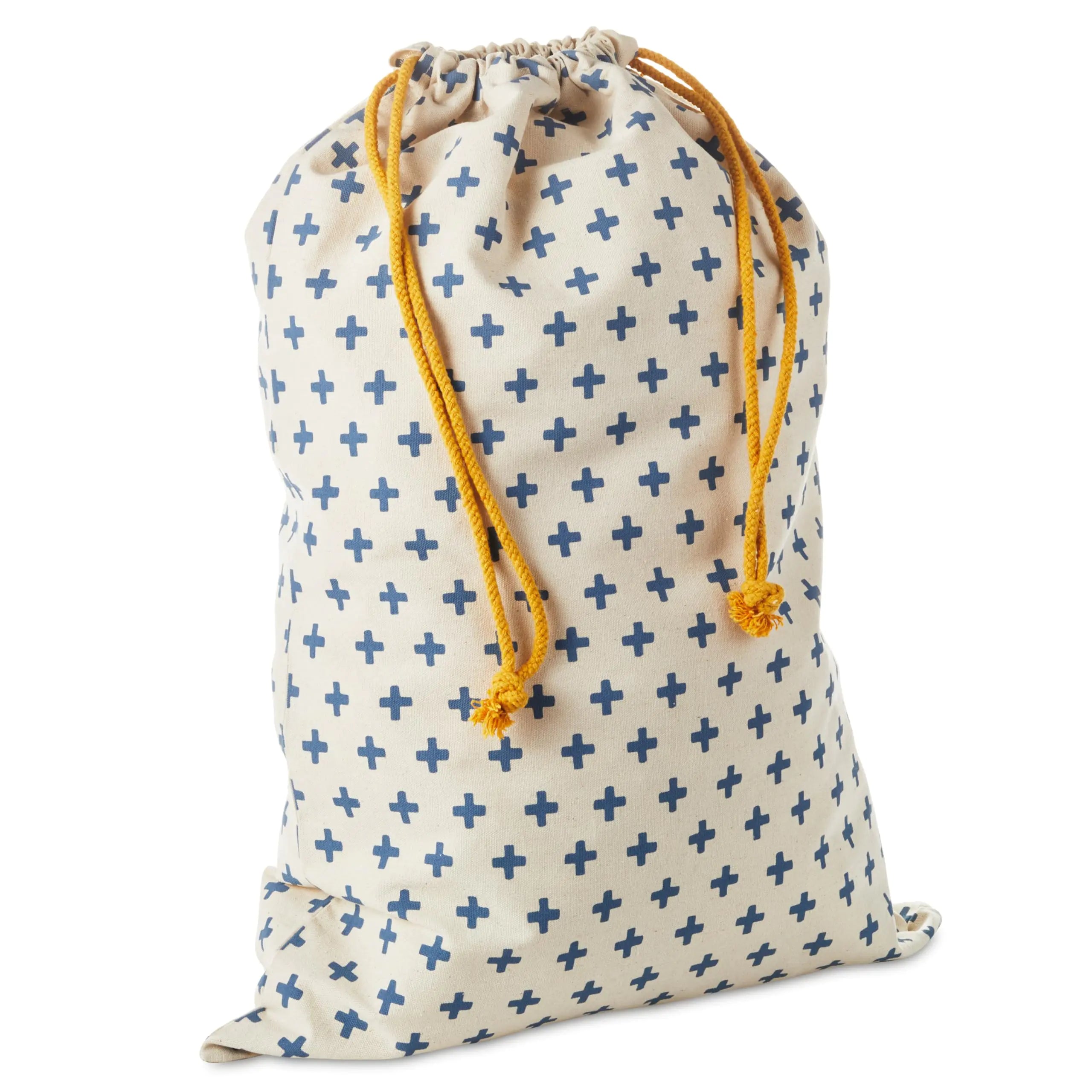 Hallmark 19" Large Canvas Bag with Yellow Drawstring (Ivory and Blue) for Birthdays Baby Showers Fathers Day