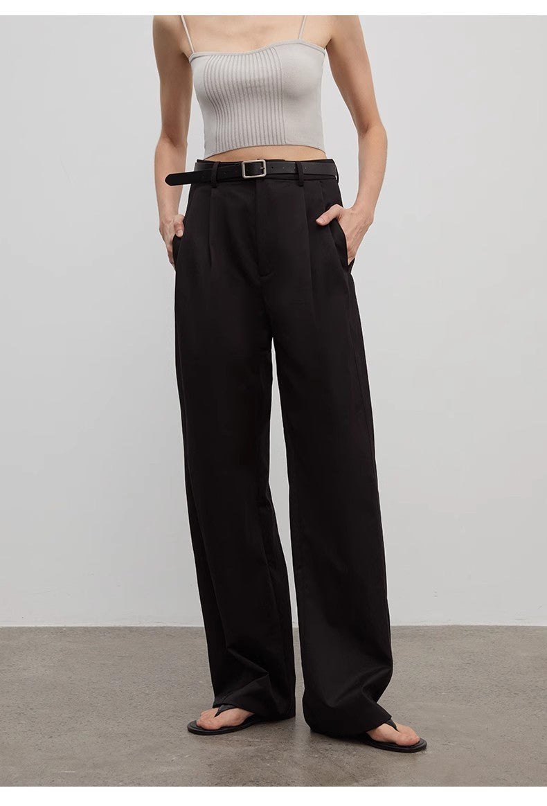 Spliced Double-Pleat Wide-Leg Trousers Straight-Leg Trousers for Women