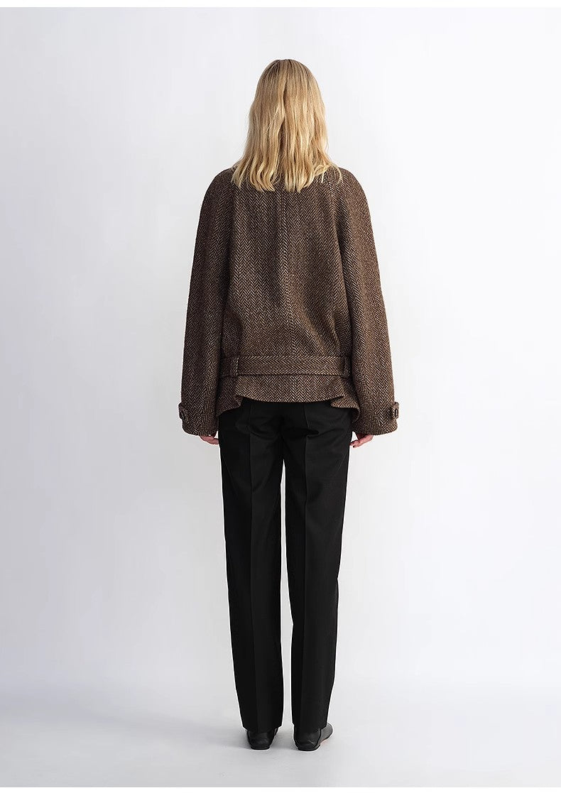"Warm Cocoon" Italian Herringbone Wool Classic Lapel Short Wool Coat for Women