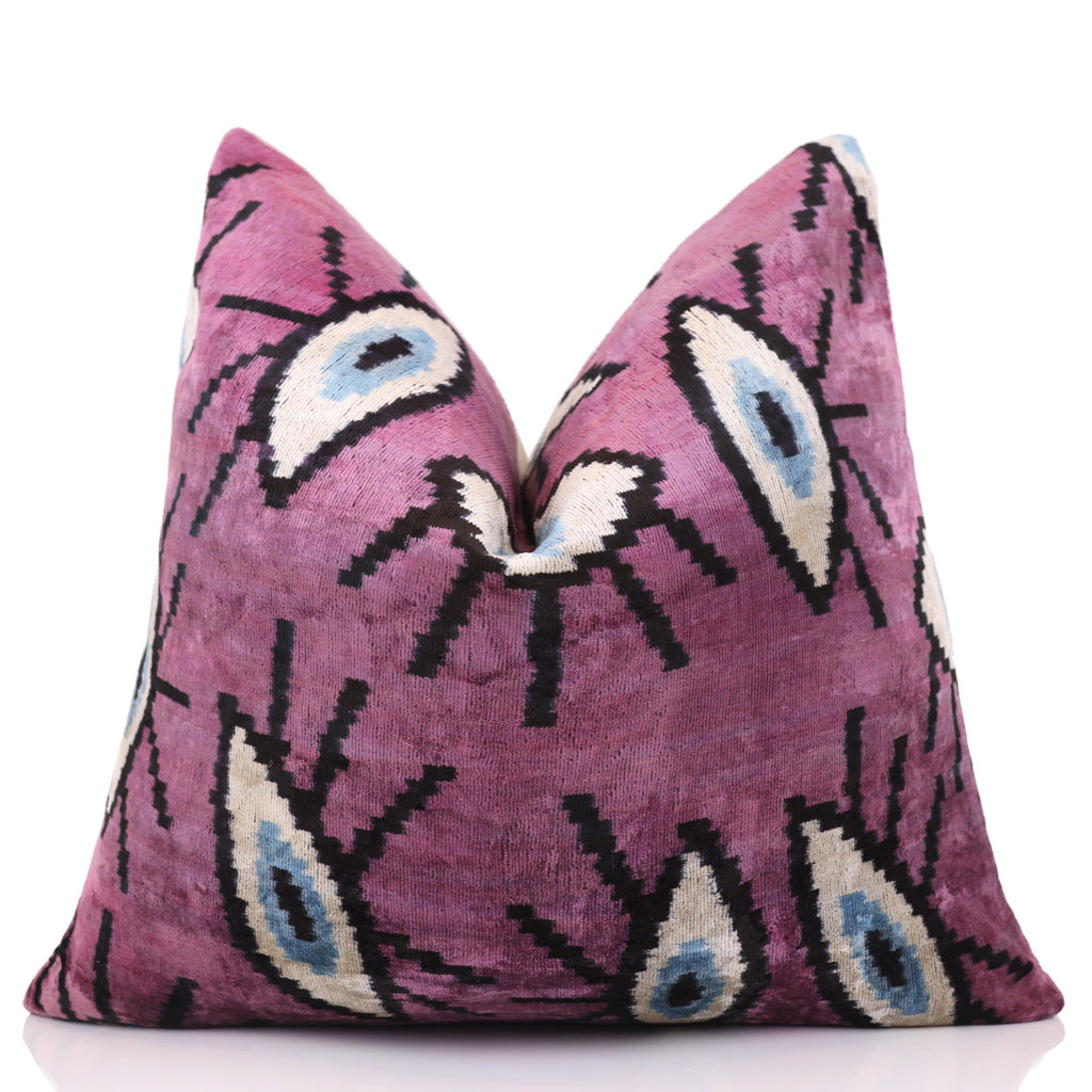Magenta Blue Eye Silk Velvet Pillow – 20x20 Handmade Ikat Throw Cushion