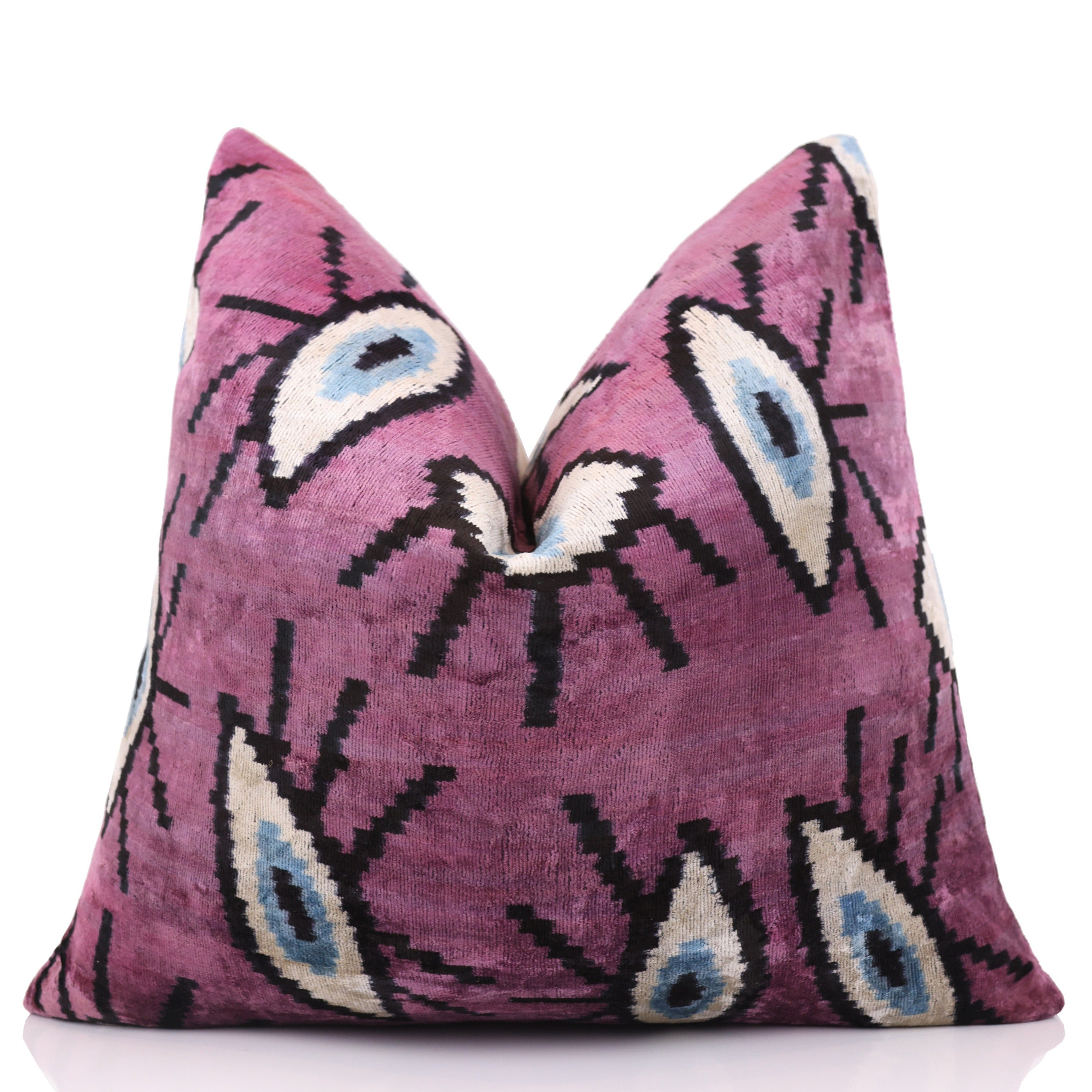 Magenta Blue Eye Silk Velvet Pillow – 20x20 Handmade Ikat Throw Cushion