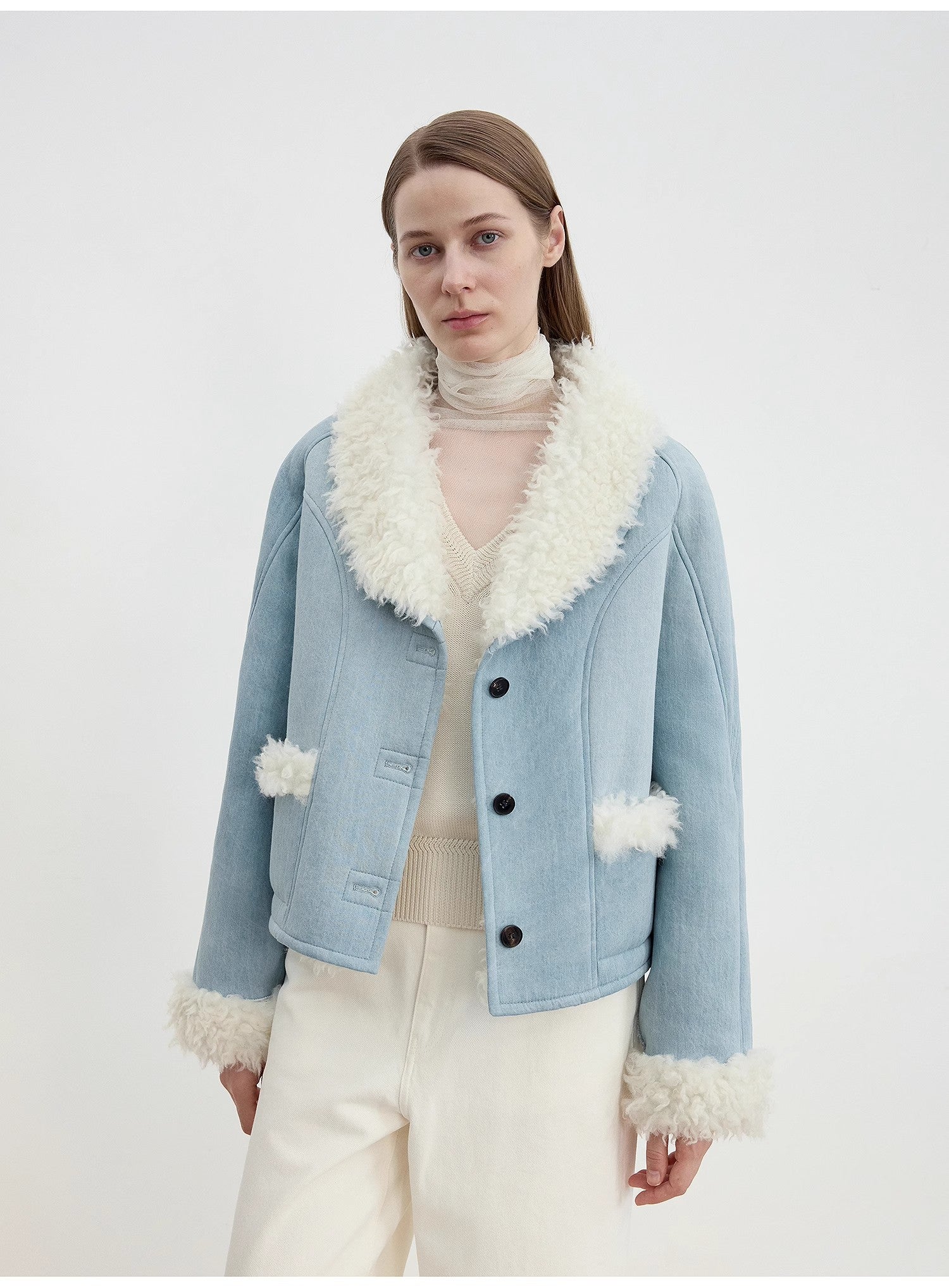 "Pure Era" Imported High-Quality Contrast Color Collar Short Wool Fur Coat