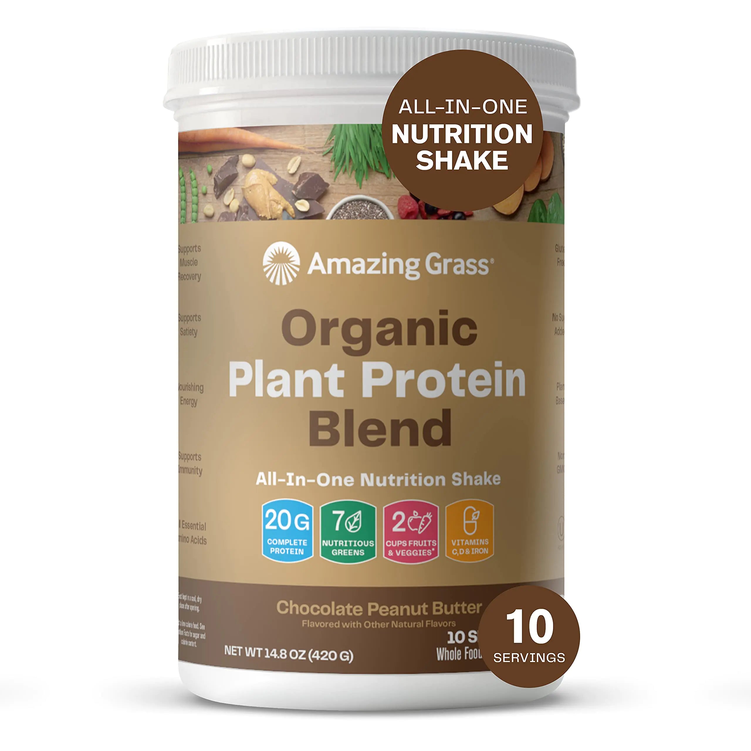 Amazing Grass Organic Plant Protein Blend: Vegan Protein Powder New Protein Superfood Formula All-In-One Nutrition Shake with Beet Root Chocolate Peanut Butter 10 Servings 14.8 Ounce (Pack of 1)