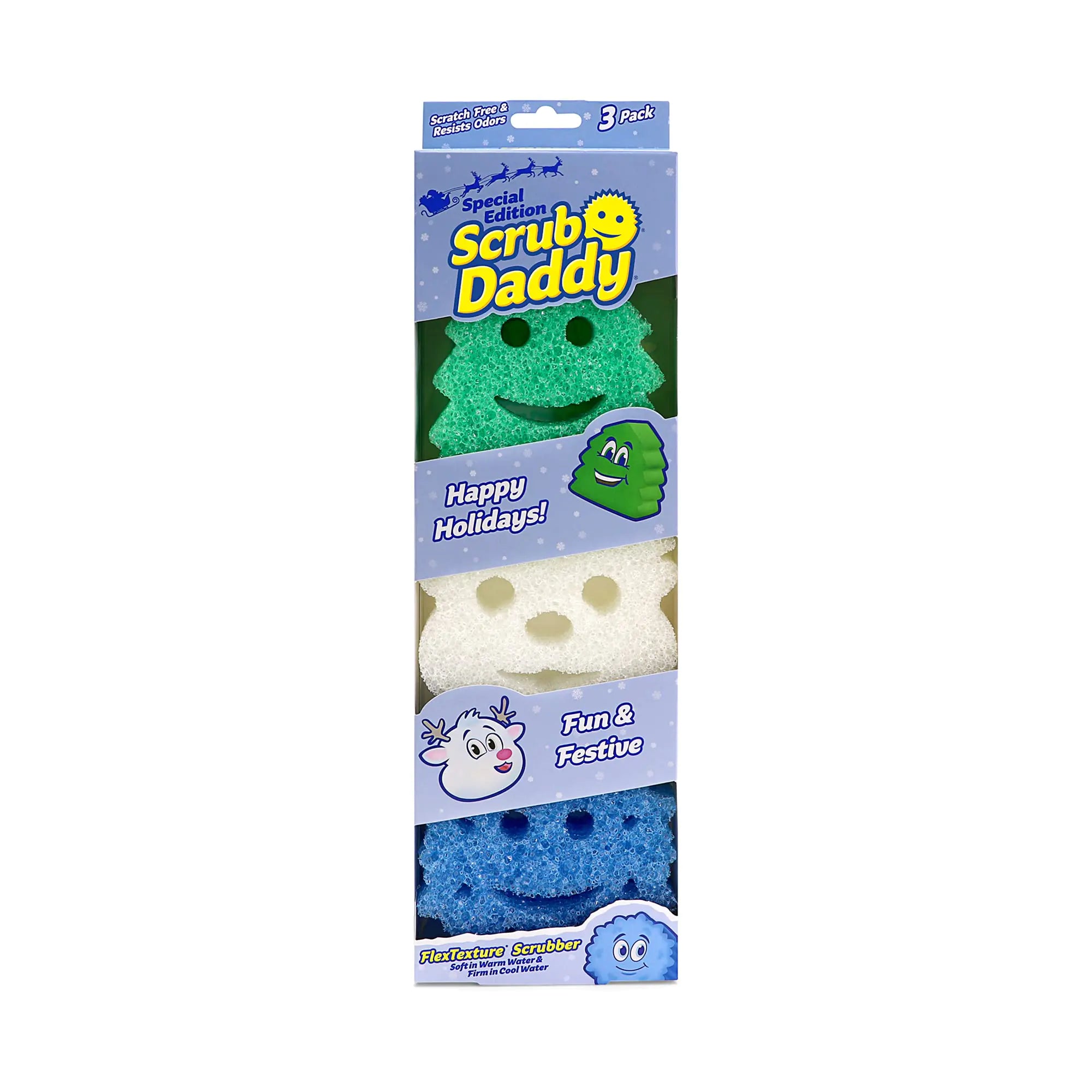 Scrub Daddy Sponge Set - Winter Shapes - Non Scratch Scrubbers for Dishes and Home Odor Resistant Temperature Controlled Soft in Warm Water Firm in Cold Deep Cleaning Dishwasher Safe 3ct