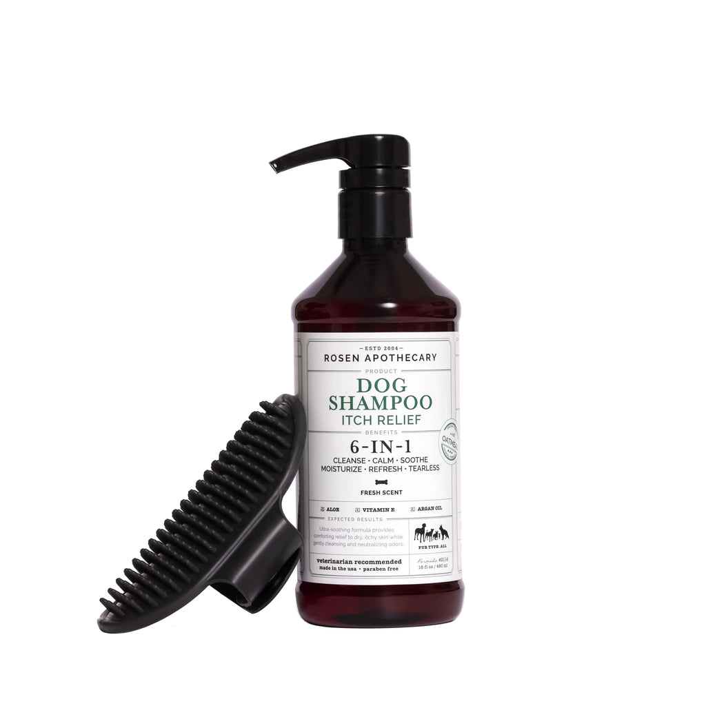 Rosen Apothecary 6-in-1 Itch Relief Dog Shampoo with Brush - Tearless Shampoo for Dogs Cleanses Soothes Refreshes and Moisturizes While Offering Itch Relief 480ml