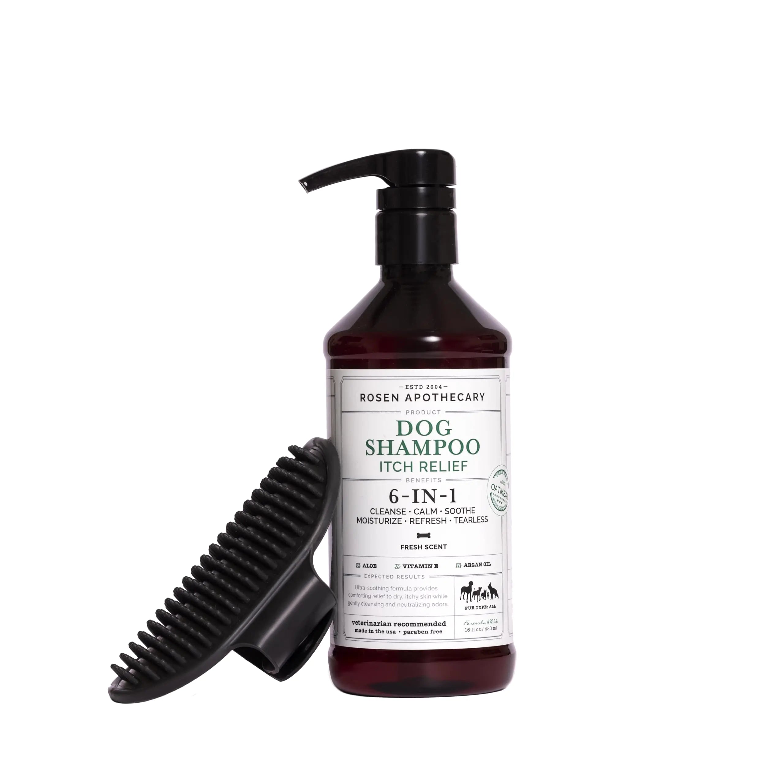 Rosen Apothecary 6-in-1 Itch Relief Dog Shampoo with Brush - Tearless Shampoo for Dogs Cleanses Soothes Refreshes and Moisturizes While Offering Itch Relief 480ml