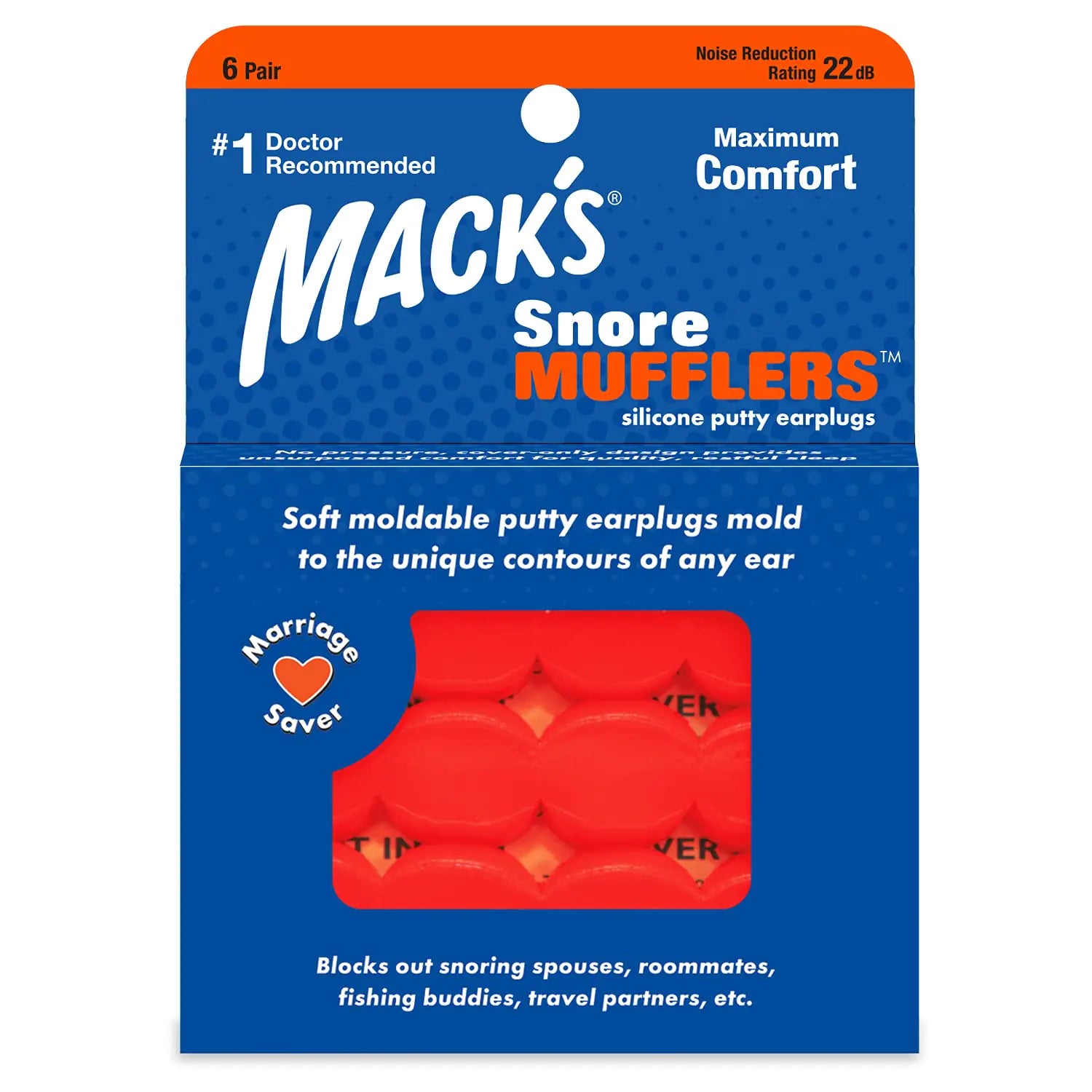 Macks Snore Mufflers Silicone Putty Ear Plugs 6 Pair - Comfortable Moldable Silicone Ear Plugs for Sleeping Snoring Loud Noise & Traveling | Made in USA