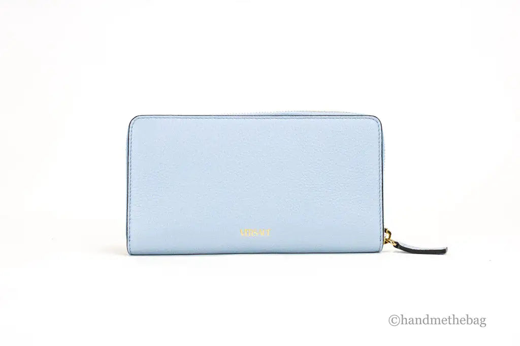 Versace Large Cornflower Leather Gold Monogram Zip Around Wallet