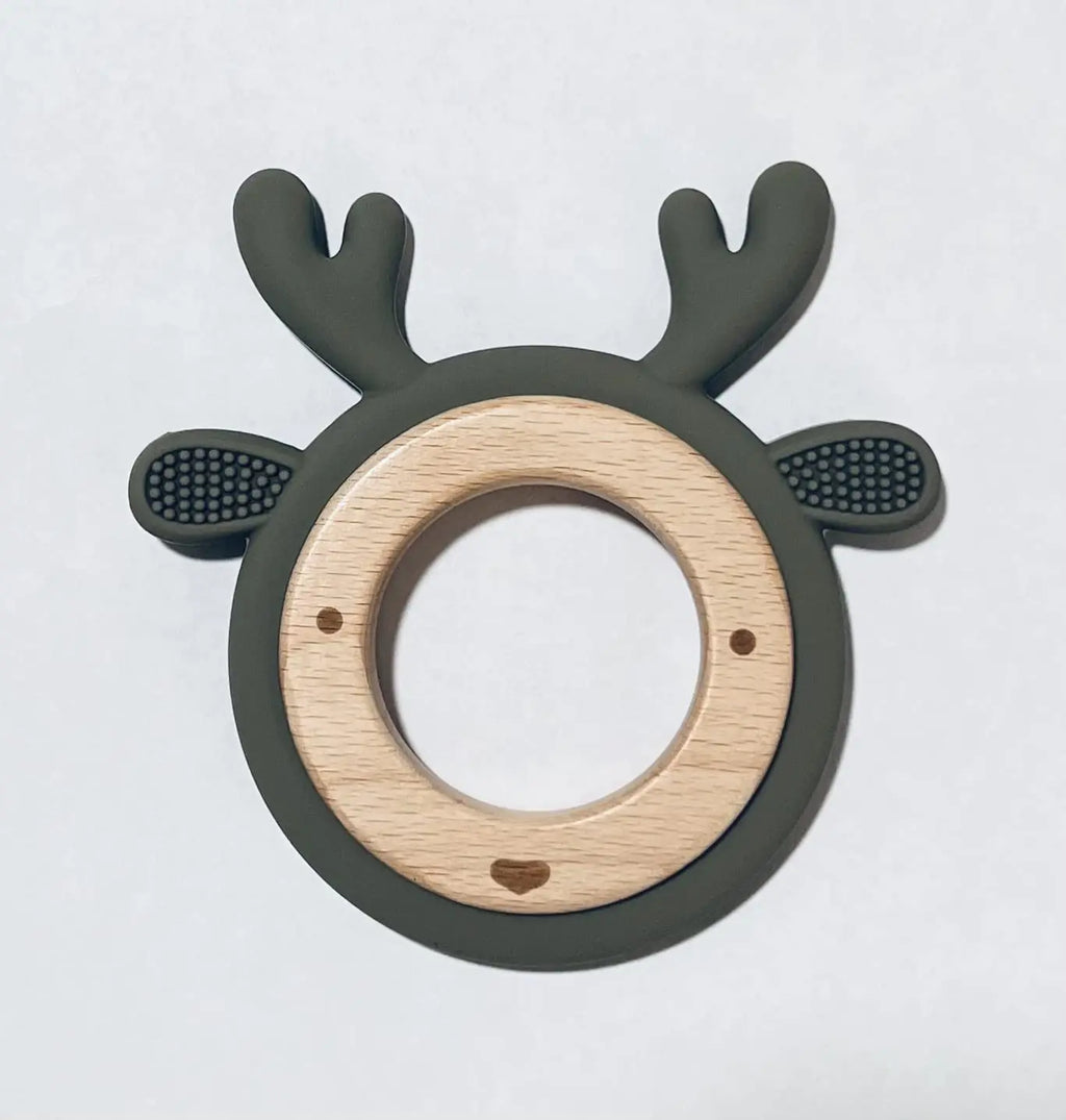 LogiBear Animal Baby Teether Ring for 6+ Months Non-Toxic BPA Free Food Grade Silicone and Beech Wood Baby Tested for Easy Grip and Soothing Teething Pain (Deer Sage)