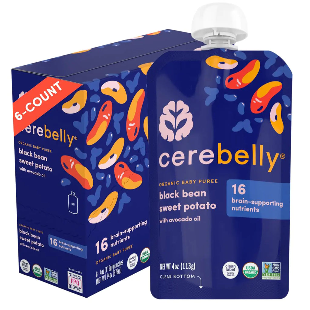 Cerebelly Baby Food Pouches – Organic Black Bean Sweet Potato with Avocado & Tomato (4 oz Pack of 6) - Toddler Snacks 16 Brain-Supporting Nutrients Made with Gluten Free Ingredients No Added Sugar