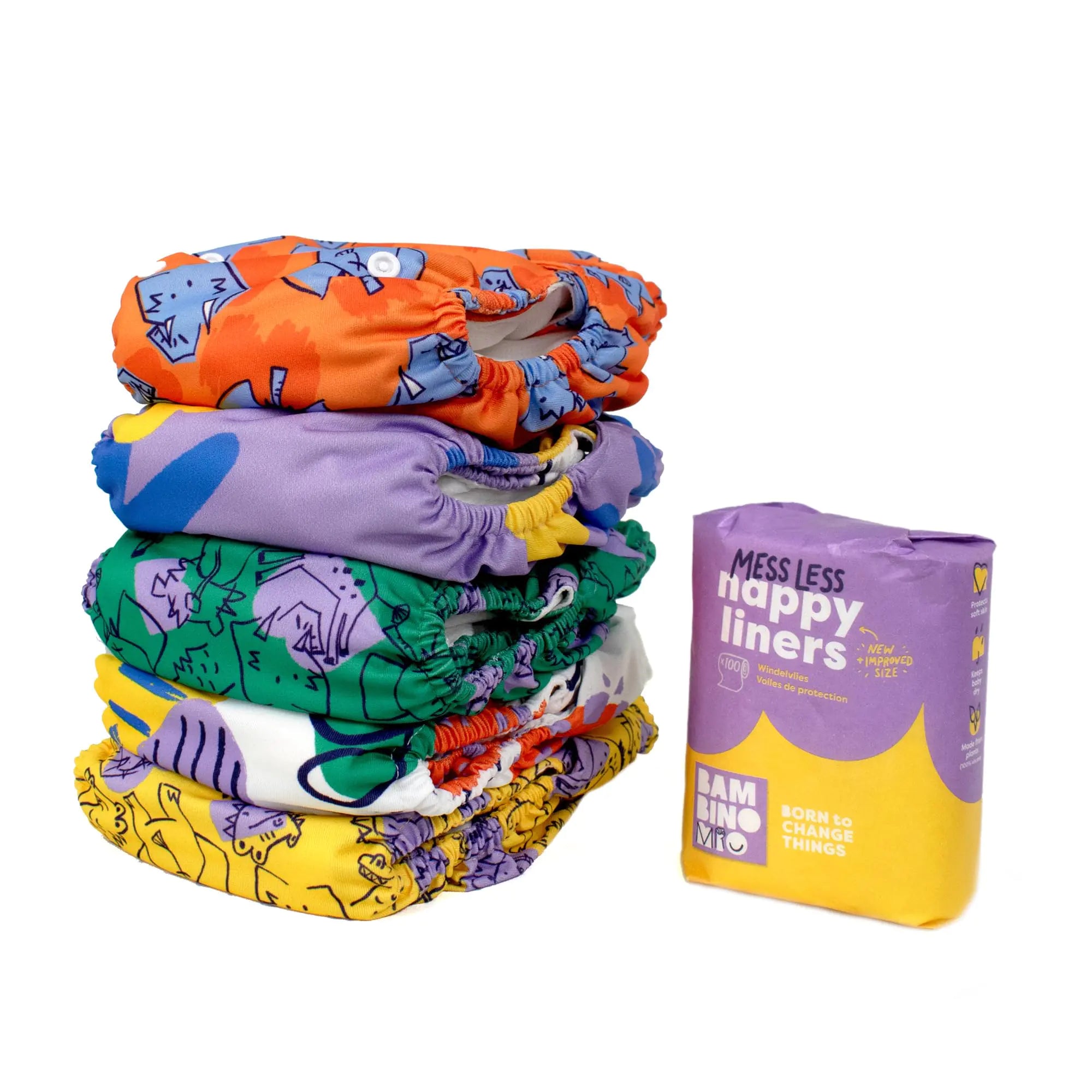 Bambino Mio Cloth Diaper Set - The Give-it-a-go Bundle 5 x Diapers 100 messless Liner (Brave 2)