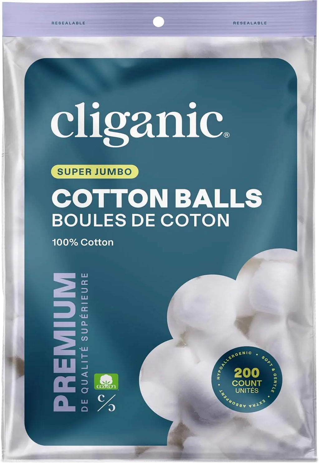 Cliganic Super Jumbo Cotton Balls (200 Count) - Hypoallergenic Absorbent Large Size 100% Pure (Packaging May Vary)