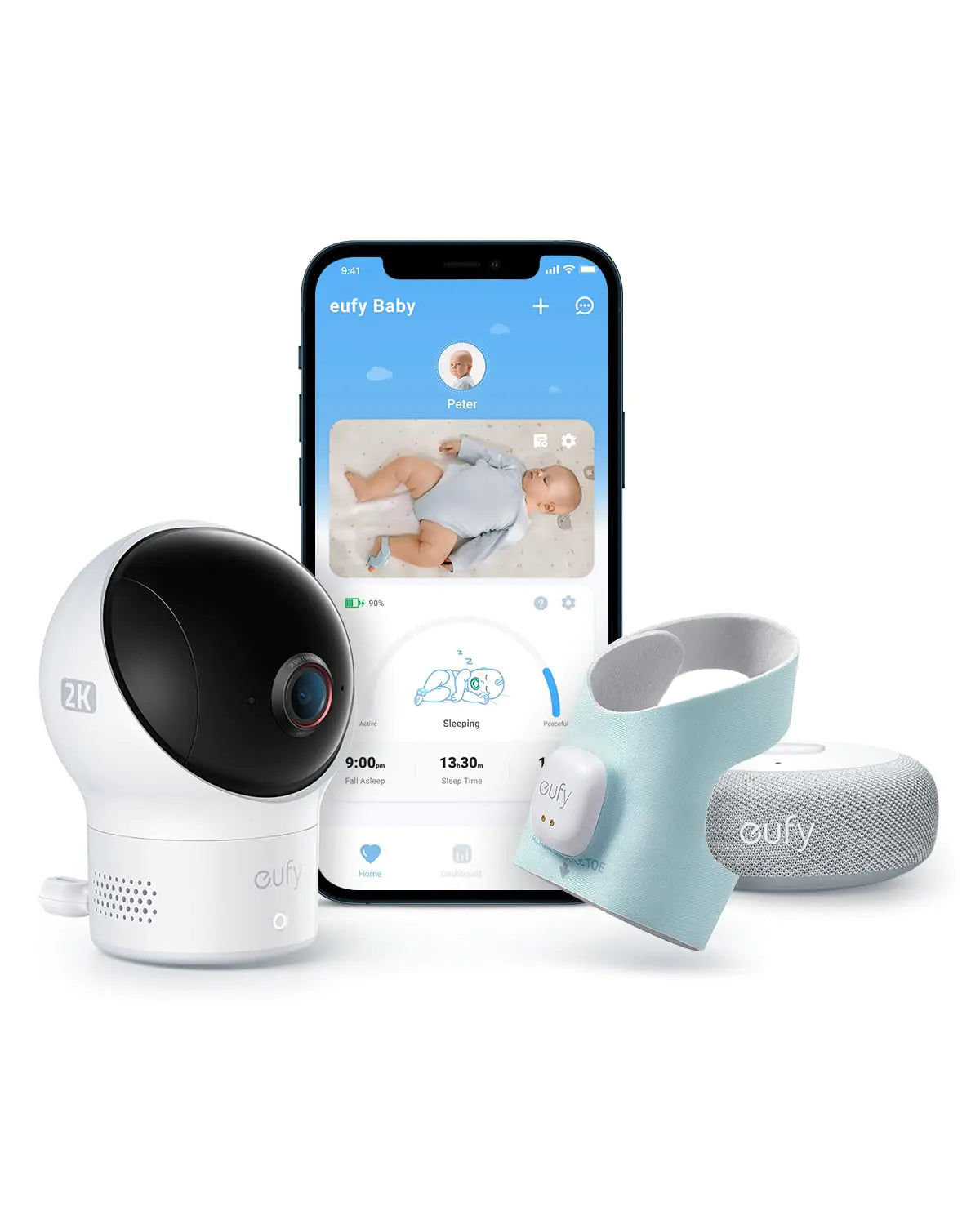 eufy Baby Smart Sock Baby Monitor with 2.4 GHz Wi-Fi Track Sleep Patterns Naps Heart Rate 2K Camera AI Cry Detection Pan and Tilt No Monthly Fee