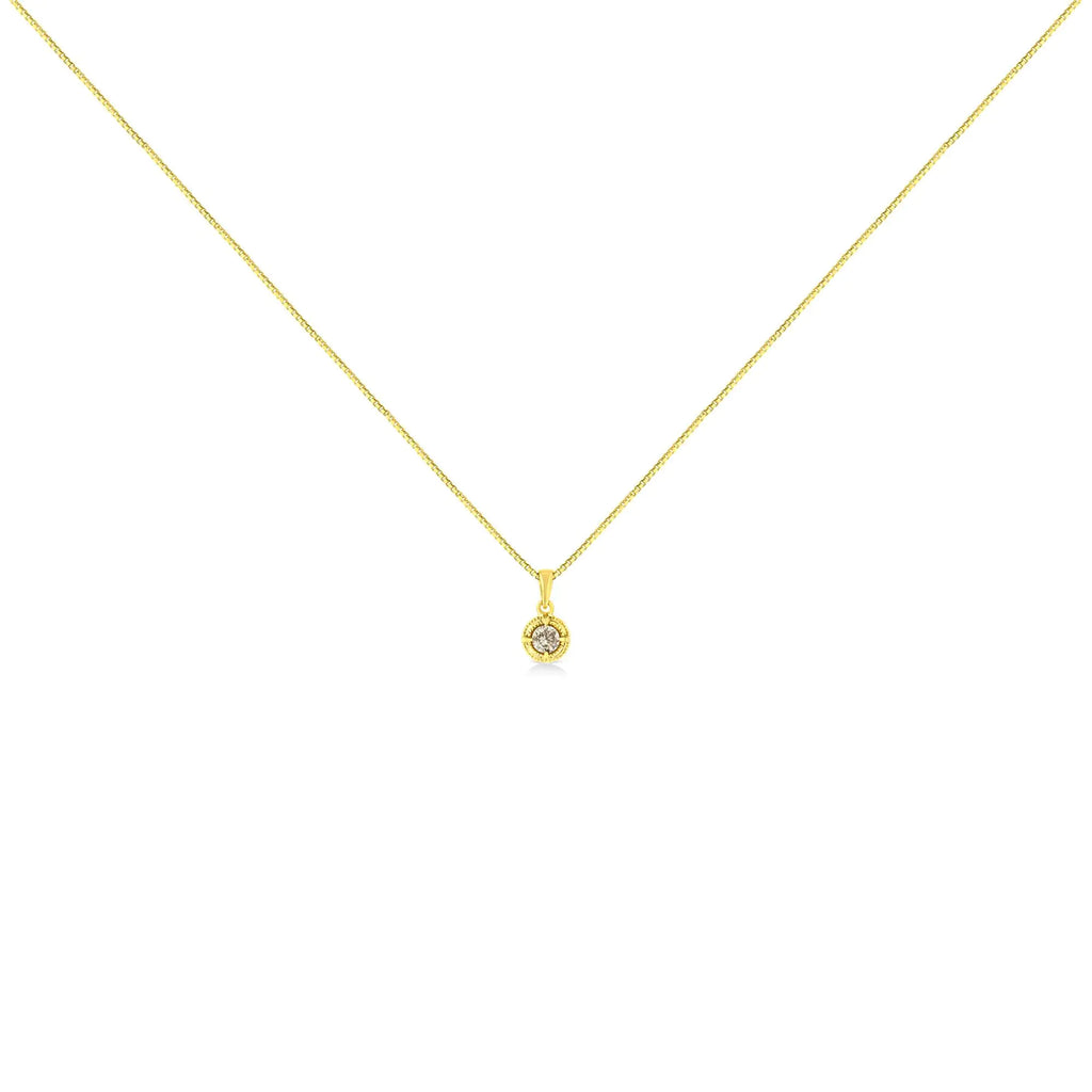 14K Yellow Gold Plated .925 Sterling Silver Brilliant Round Cut Diamond Solitaire Milgrain 18" Pendant Necklace