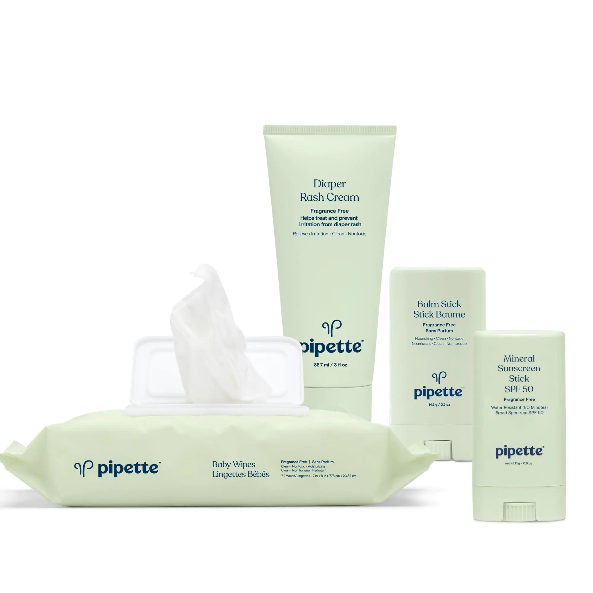 Pipette Baby Travel Essentials Set Bundle Clean 100% Mineral Water-Resistant Sunscreen SPF 50 Fragrance-Free Baby Balm Stick Water-Based Baby Wipes Fragrance-Free Diaper Rash Cream