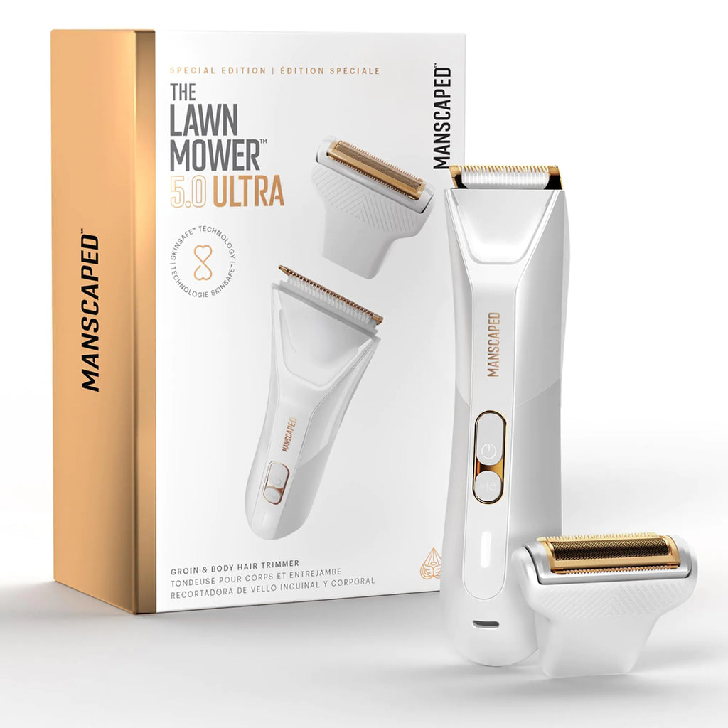 MANSCAPED® The Lawn Mower® 5.0 Ultra Mens & Womens Groin & Body Hair Trimmer – Dual-Head SkinSafe® Trimmer & Foil Blades Waterproof Wet/Dry Groomer USB-C Rechargeable with Travel Case White