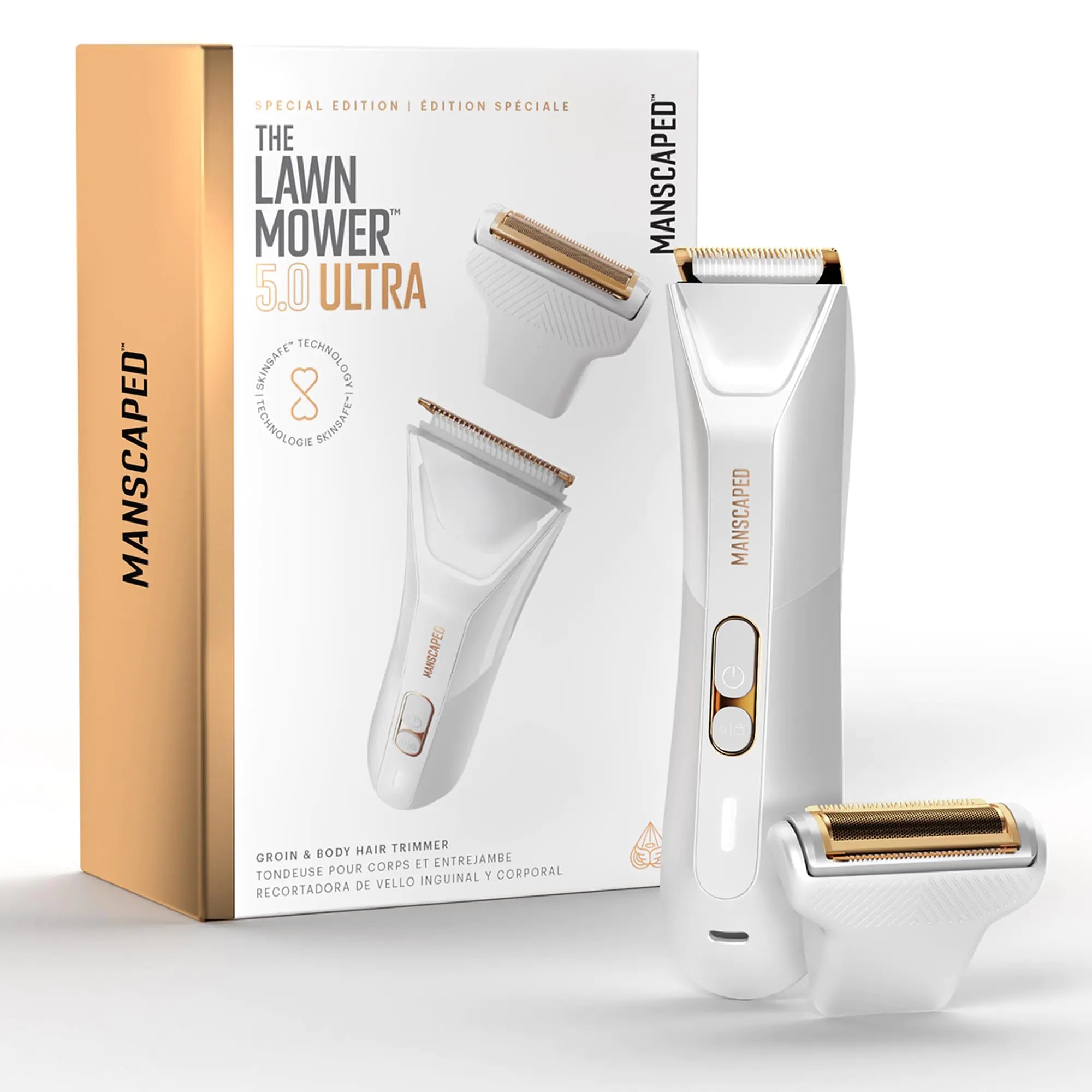MANSCAPED® The Lawn Mower® 5.0 Ultra Mens & Womens Groin & Body Hair Trimmer – Dual-Head SkinSafe® Trimmer & Foil Blades Waterproof Wet/Dry Groomer USB-C Rechargeable with Travel Case White