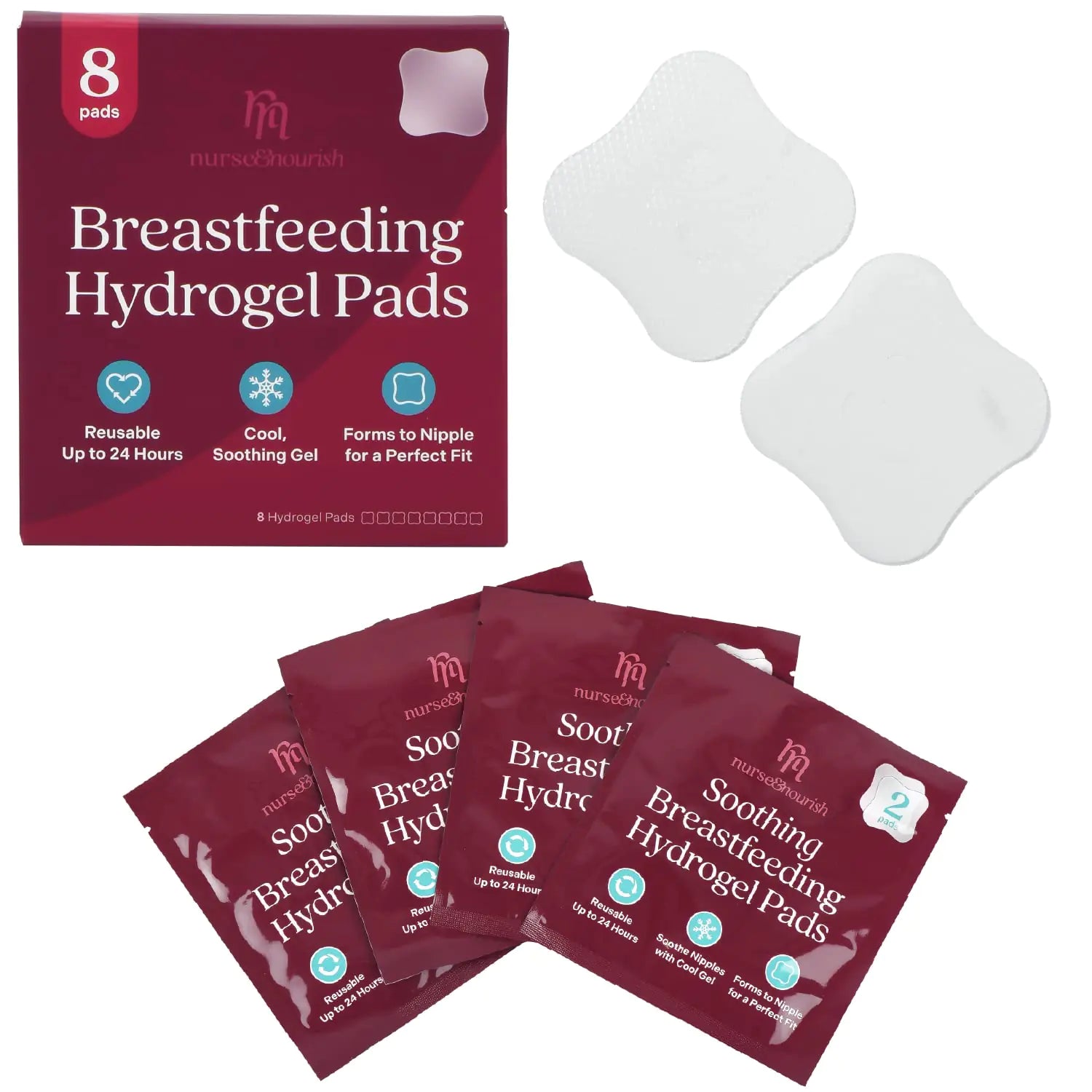 Nurse & Nourish [8 Pads] Hydrogel Pads for Breastfeeding Soreness Support - Immediate Relief Nipple Gel Soothing Pads - Easy Apply Gel Nipple Pads for Breastfeeding - Reusable Form Adjusting Gel Pads