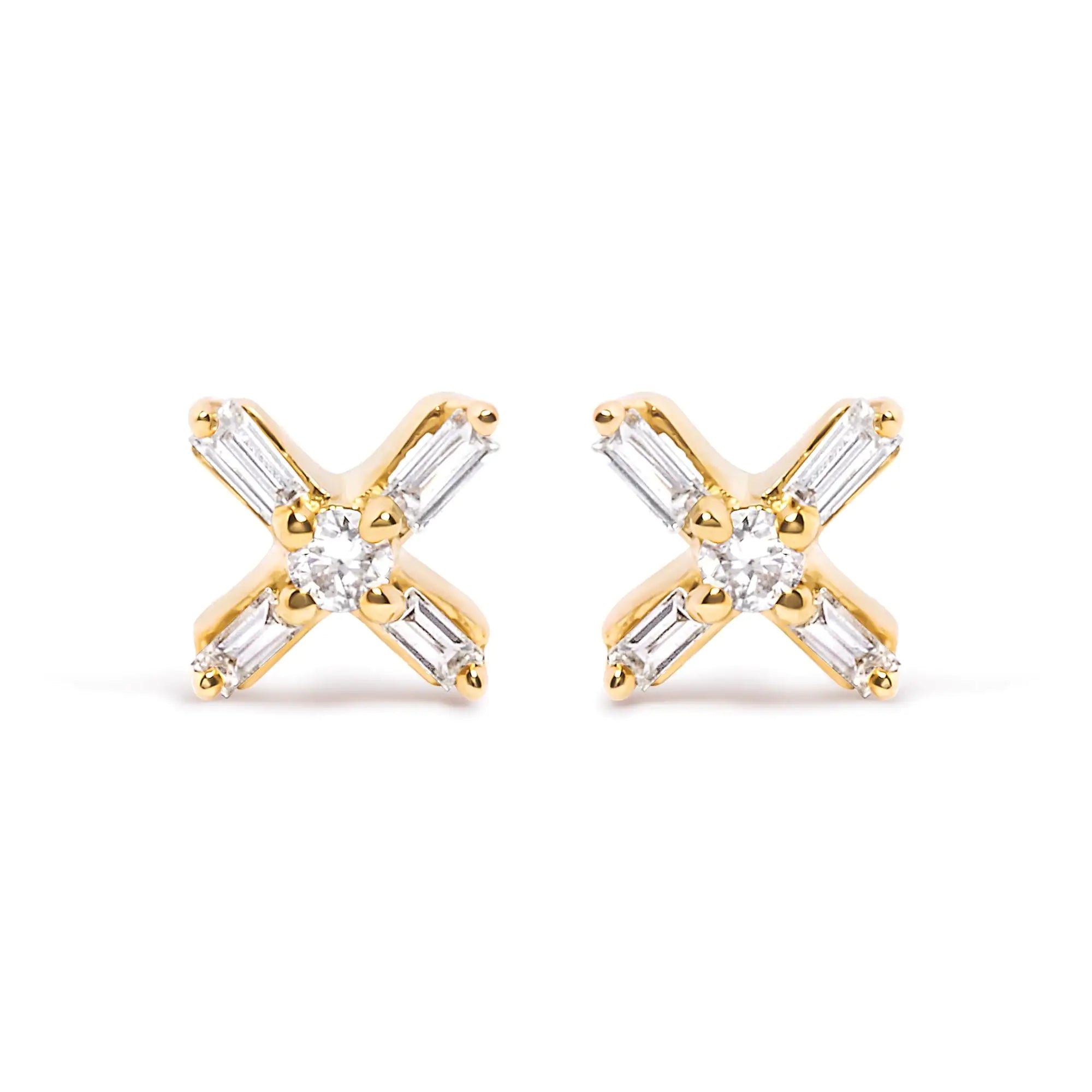 10K Yellow Gold 1/10 Cttw Round and Baguette Diamond Criss Cross X Stud Earring (H-I Color, I1-I2 Clarity)