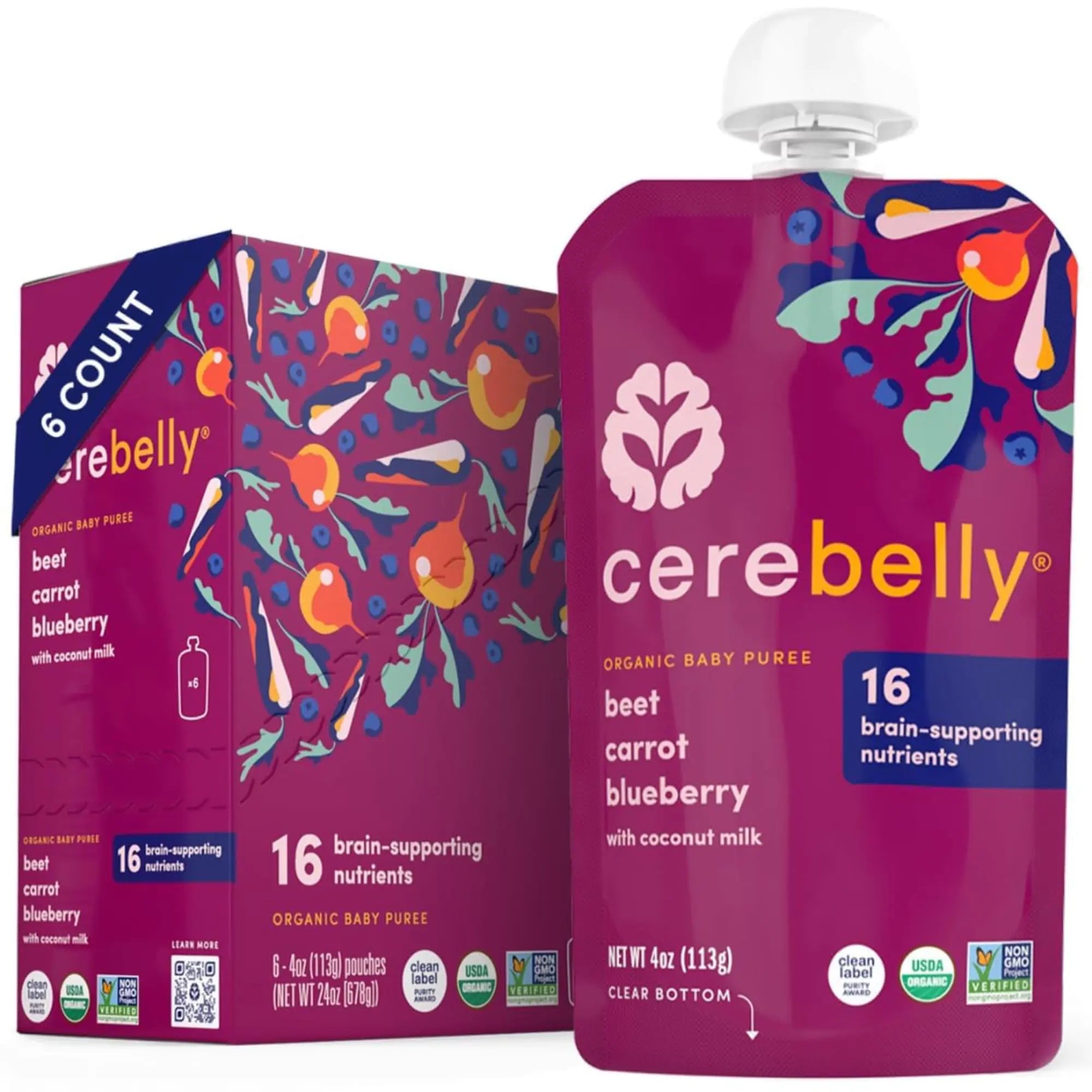 Cerebelly Baby Food Pouches – Organic Beet Carrot Blueberry (4 oz Pack of 6) - Toddler Snacks 16 Brain-supporting Nutrients Healthy Snacks Made with Gluten-Free Ingredients No Added Sugar