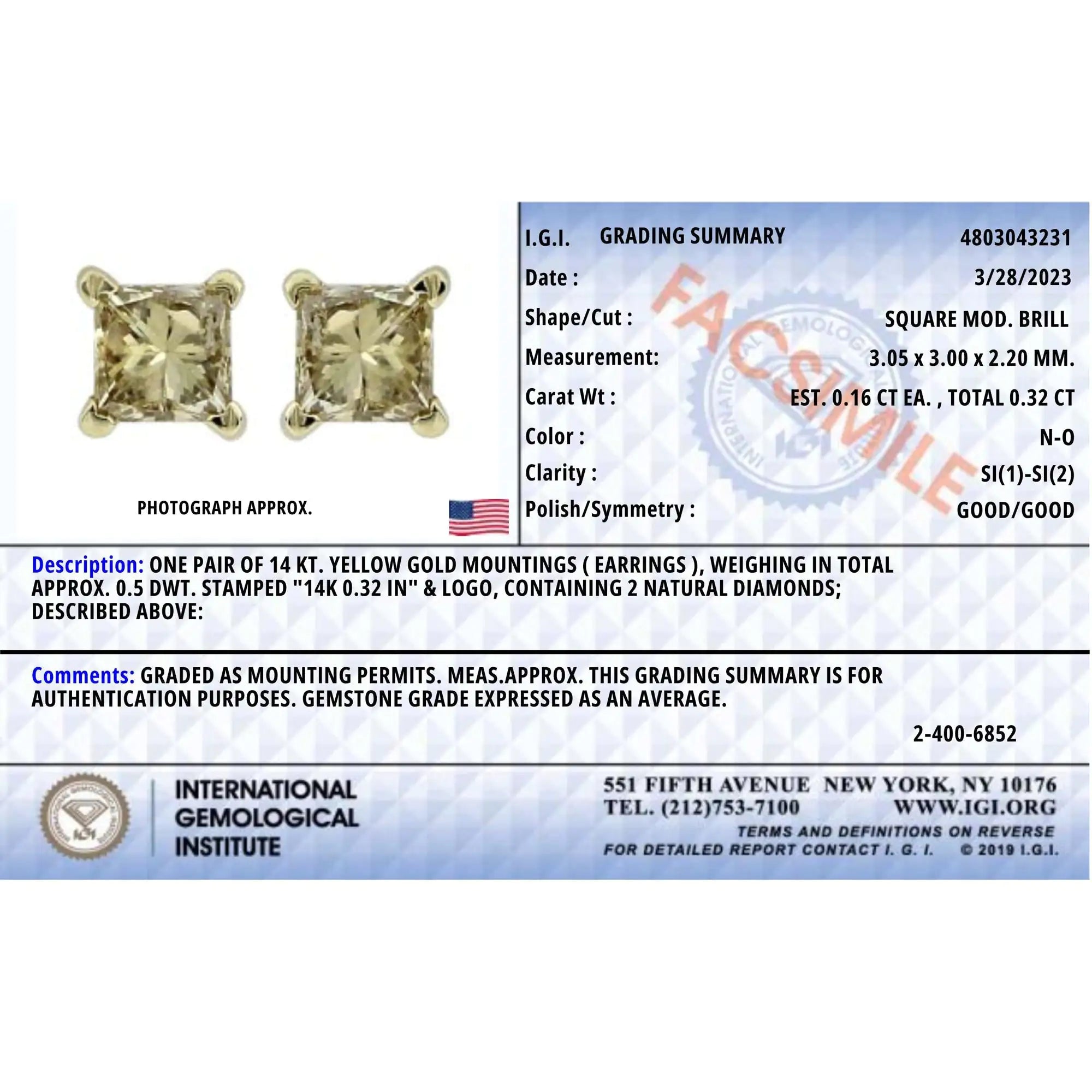 IGI Certified 14K Gold 1/3 Cttw 4-Prong Set Princess-Cut Solitaire Diamond Push Back Stud Earrings (N-O Color, SI1-SI2 Clarity)