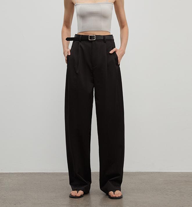 Spliced Double-Pleat Wide-Leg Trousers Straight-Leg Trousers for Women
