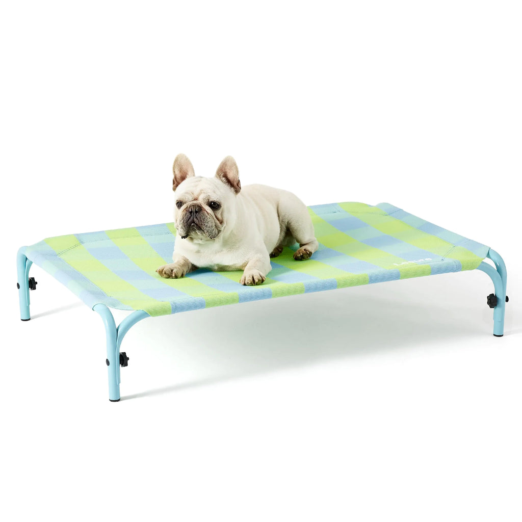 Lesure Elevated Raised Outdoor Dog Bed - Cooling Dog Cot for Medium Sized Dog Easy to Assemble Lifted Pet Bed with Breathable Teslin Mesh Puppy Hammock Bed with Non-Slip Feet Blue Checks 34"