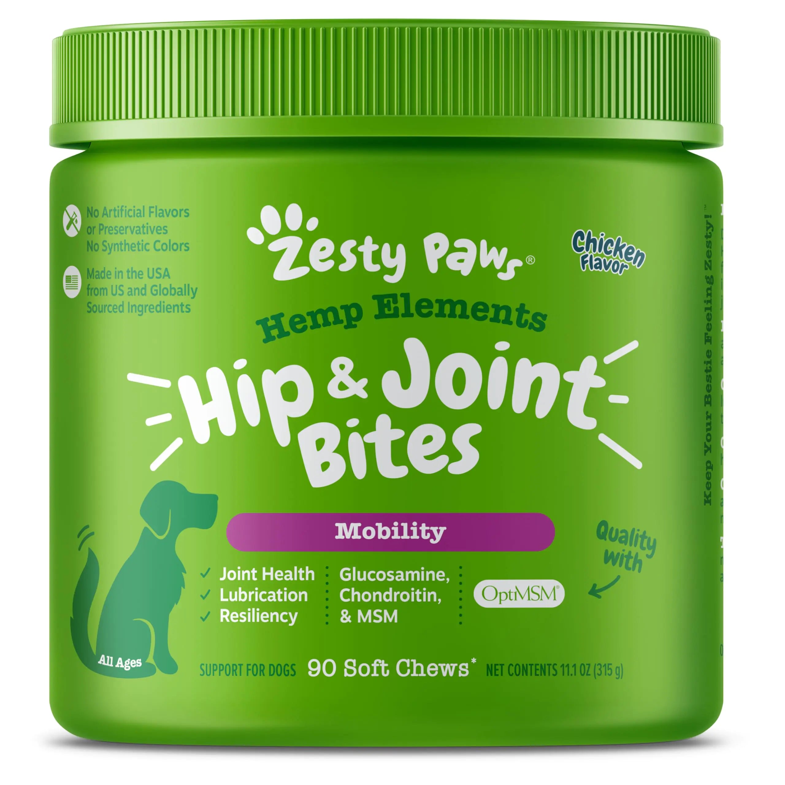 Zesty Paws Mobility Bites Dog Joint Supplement - Hip and Joint Chews for Dogs - Pet Products with Glucosamine Chondroitin & MSM + Vitamins C and E for Dog Joint Relief – Hemp - Chicken – 90 Count