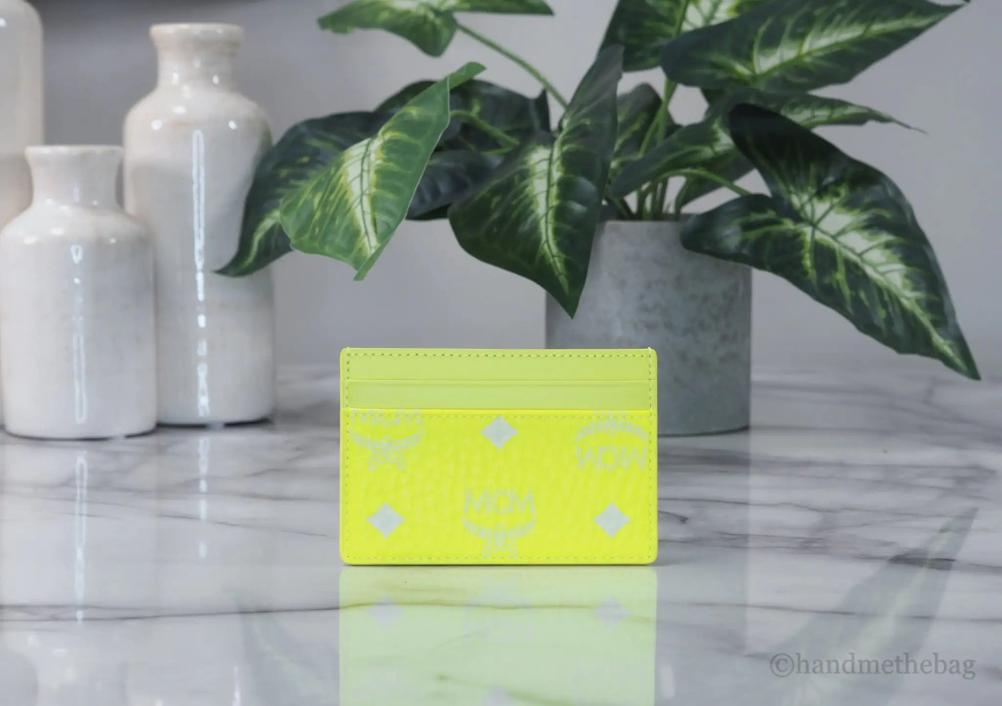 MCM Spectrum Mini Neon Yellow Visetos Leather Card Case