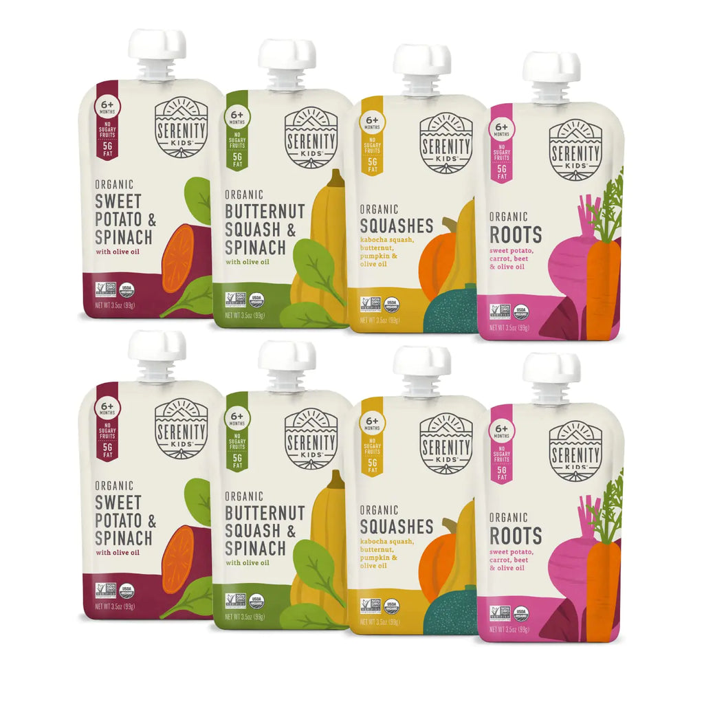 Serenity Kids 6+ Months Certified Organic Baby Food Pouches Veggie Puree - No Sugary Fruits/Added Sugar - Allergen Free - 3.5 Ounce BPA-Free Bag - Variety Pack - Baby Food Veggies Puree - 8 Count