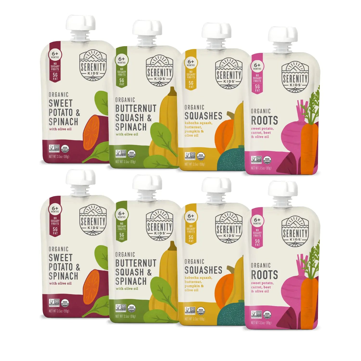 Serenity Kids 6+ Months Certified Organic Baby Food Pouches Veggie Puree - No Sugary Fruits/Added Sugar - Allergen Free - 3.5 Ounce BPA-Free Bag - Variety Pack - Baby Food Veggies Puree - 8 Count