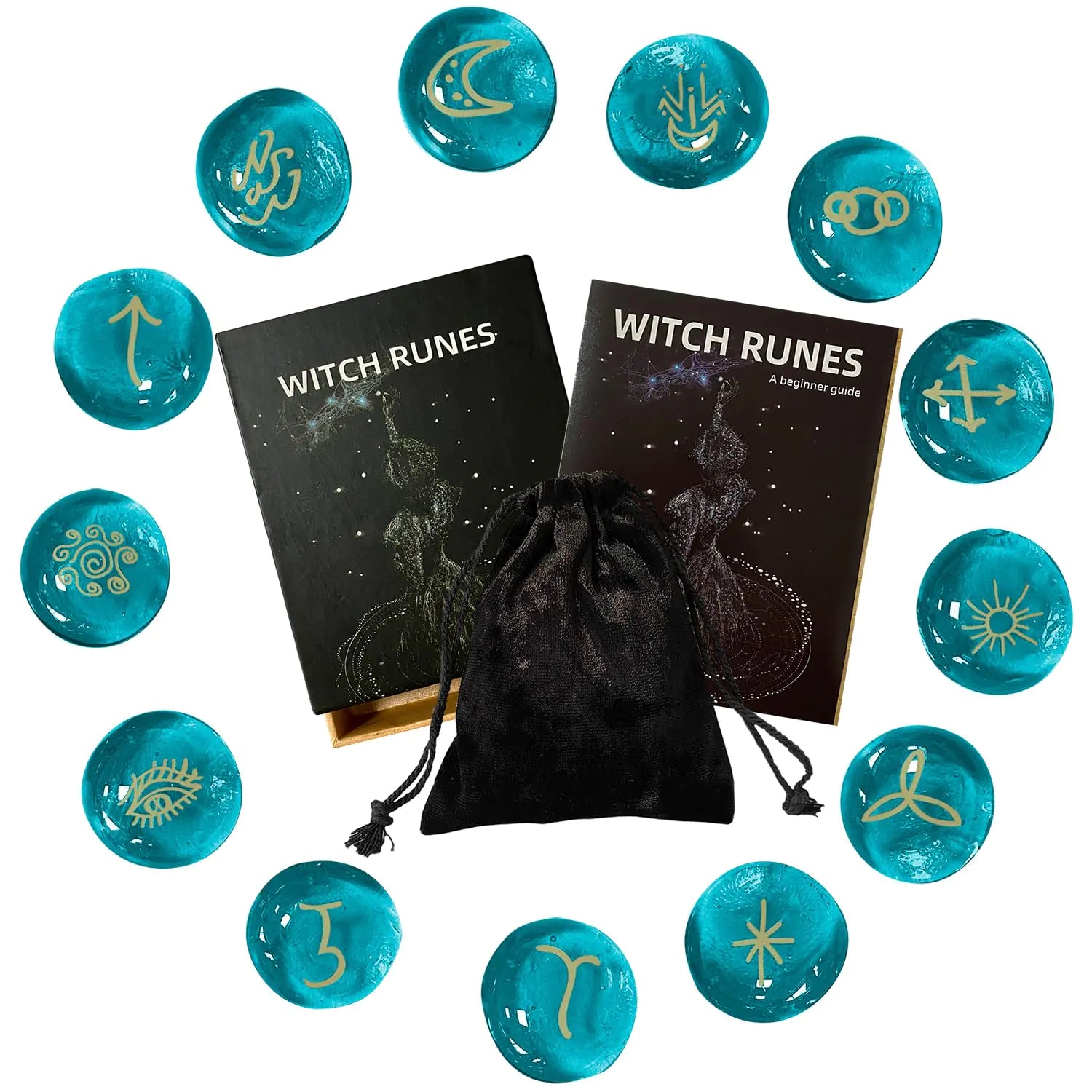 Tirmanaz Runes 13 Pcs Runes Set Glass Runes for Beginners Divination Pagan Blue Rune Stones Set with Runes Book Velvet Drawstring Bag
