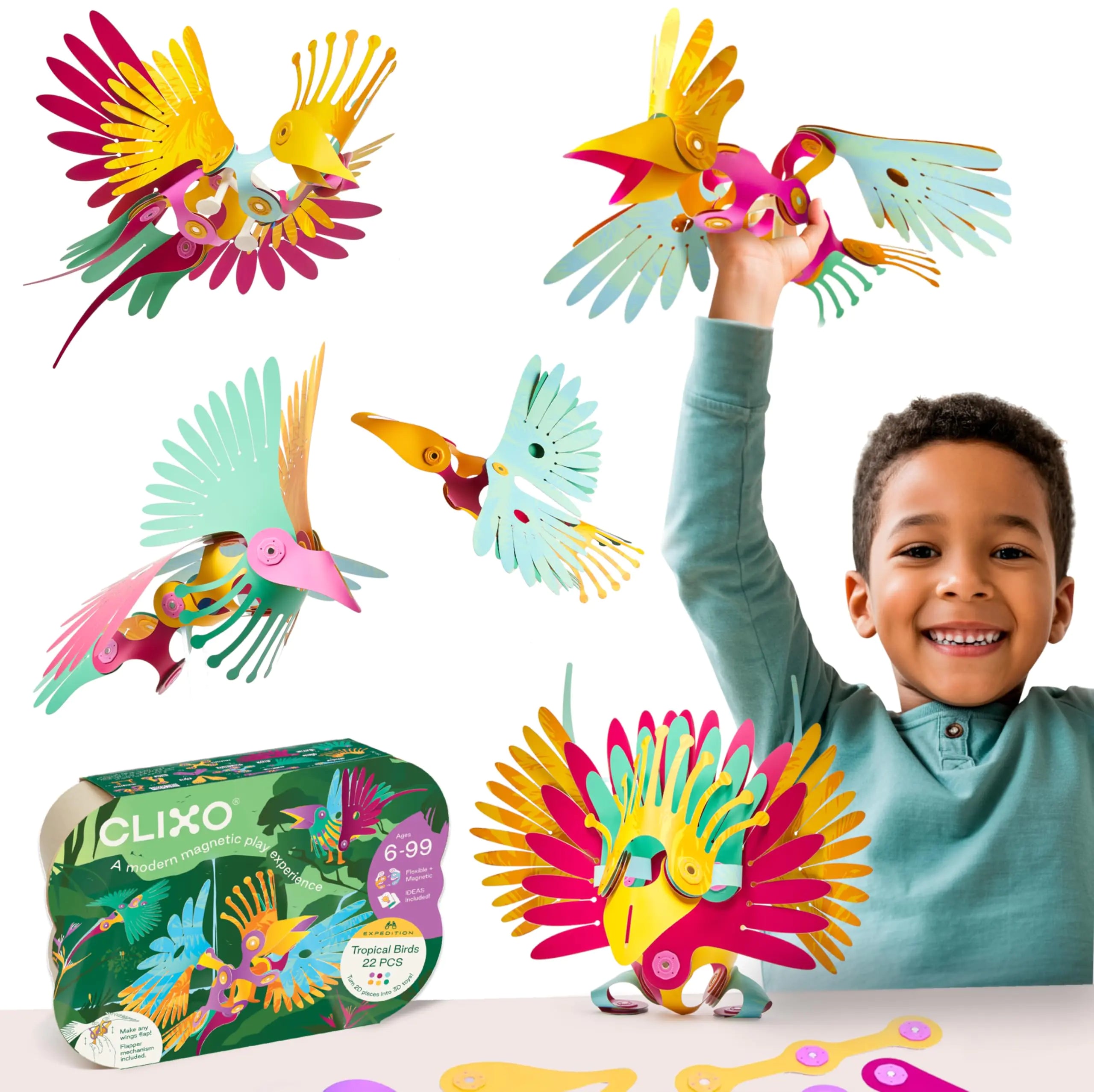 Clixo Tropical Birds Pack - Magnetic STEAM Building Toy Set with Custom Wing-Flapping Mechanism for Creative Play Ages 4+
