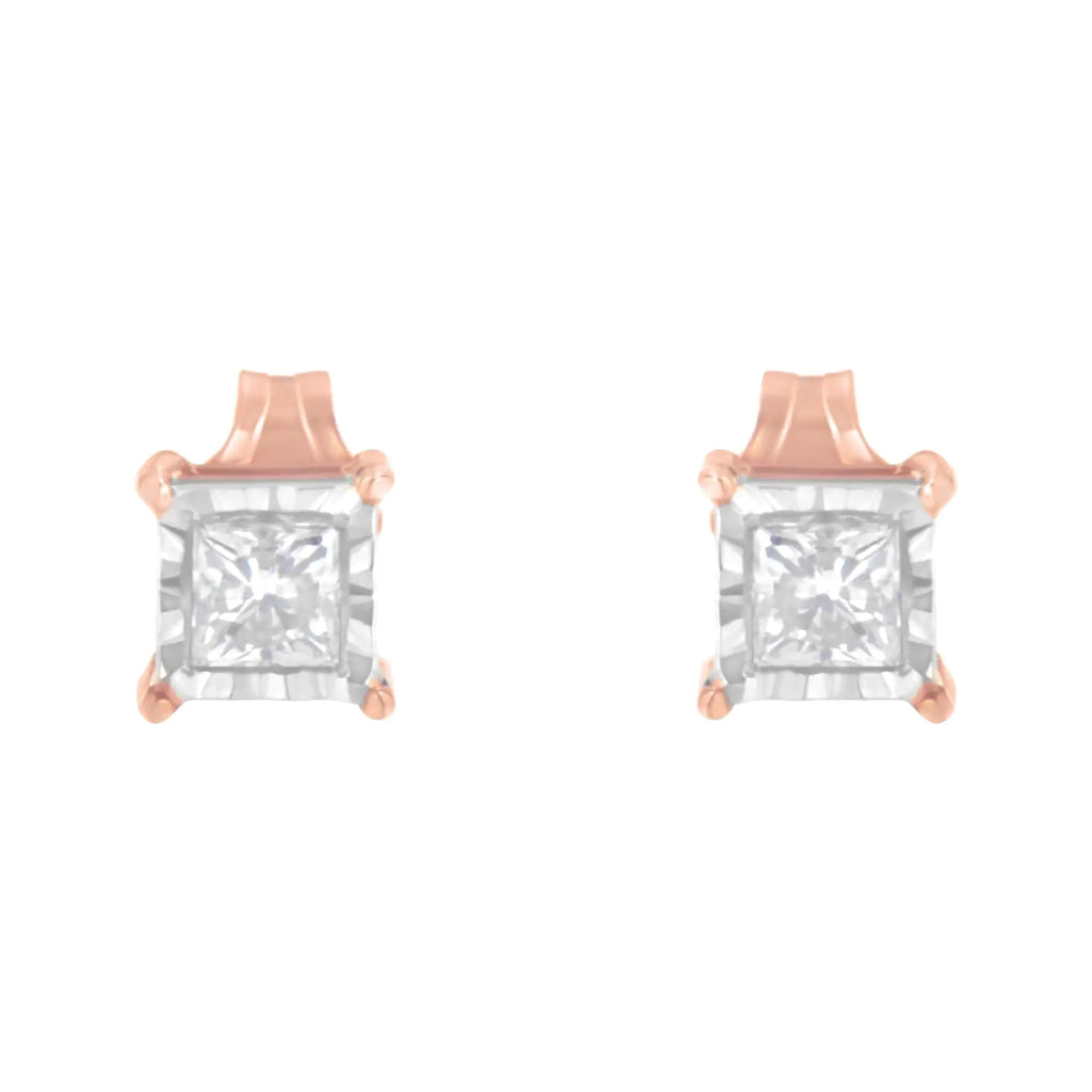 14K Rose Gold Plated Two-Tone .925 Sterling Silver 1/2 Cttw Princess-Cut Square Near Colorless Diamond Solitaire Miracle-Plate Stud Earrings (J-K Color, I2-I3 Clarity)