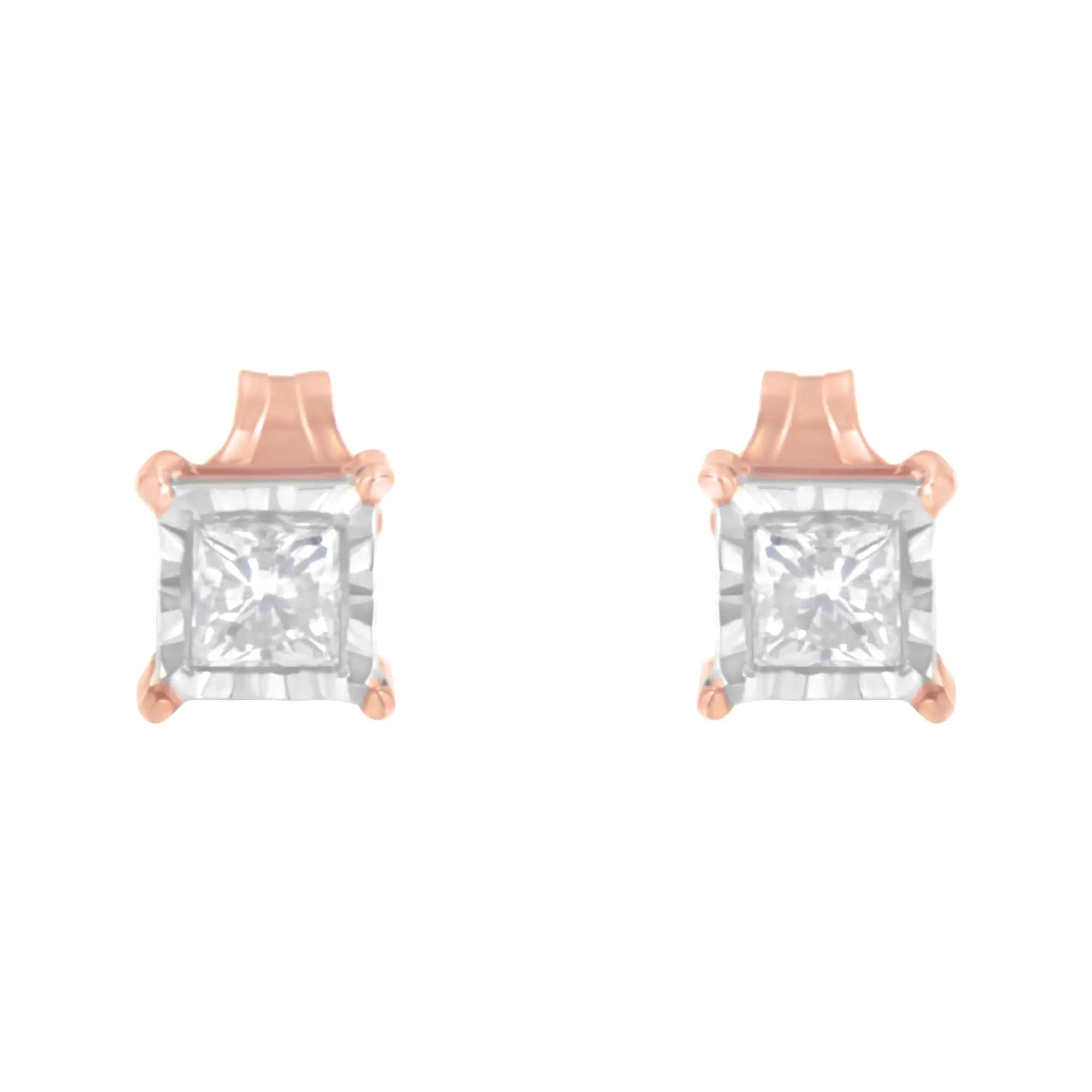 14K Rose Gold Plated Two-Tone .925 Sterling Silver 1/2 Cttw Princess-Cut Square Near Colorless Diamond Solitaire Miracle-Plate Stud Earrings (J-K Color, I2-I3 Clarity)