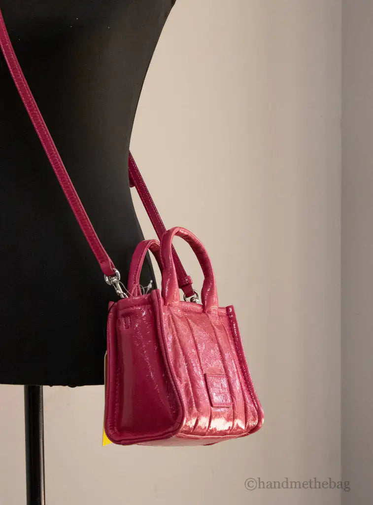 Marc Jacobs The Shiny Crinkle Micro Magenta Leather Tote