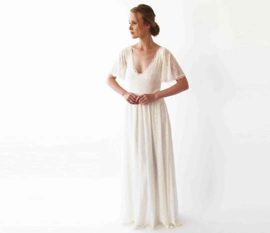 Butterfly Sleeves  Bohemian Ivory Wedding Dress #1232