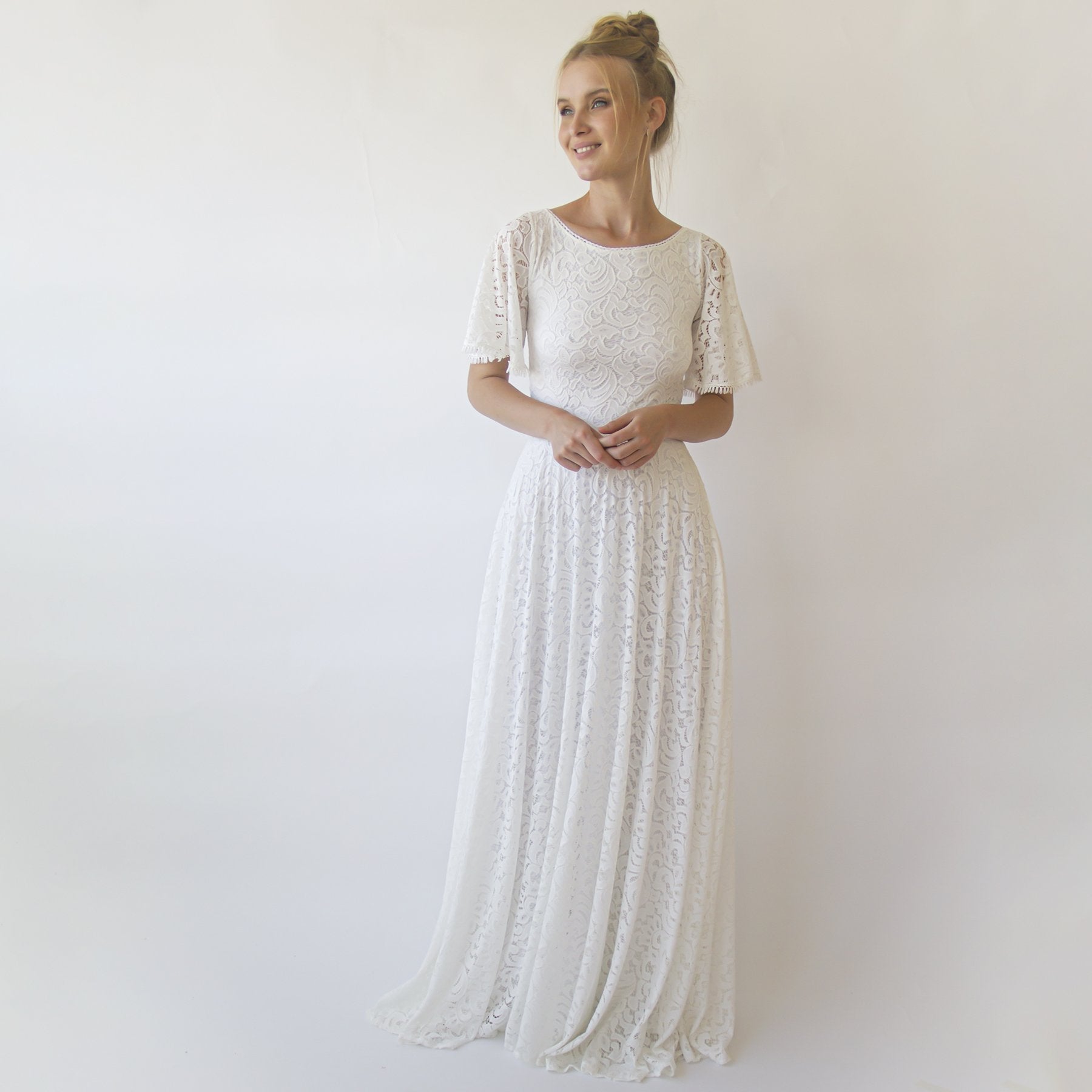 Bohemian Butterfly Sleeves, Modest Ivory Wedding Dress With Pockets #1318